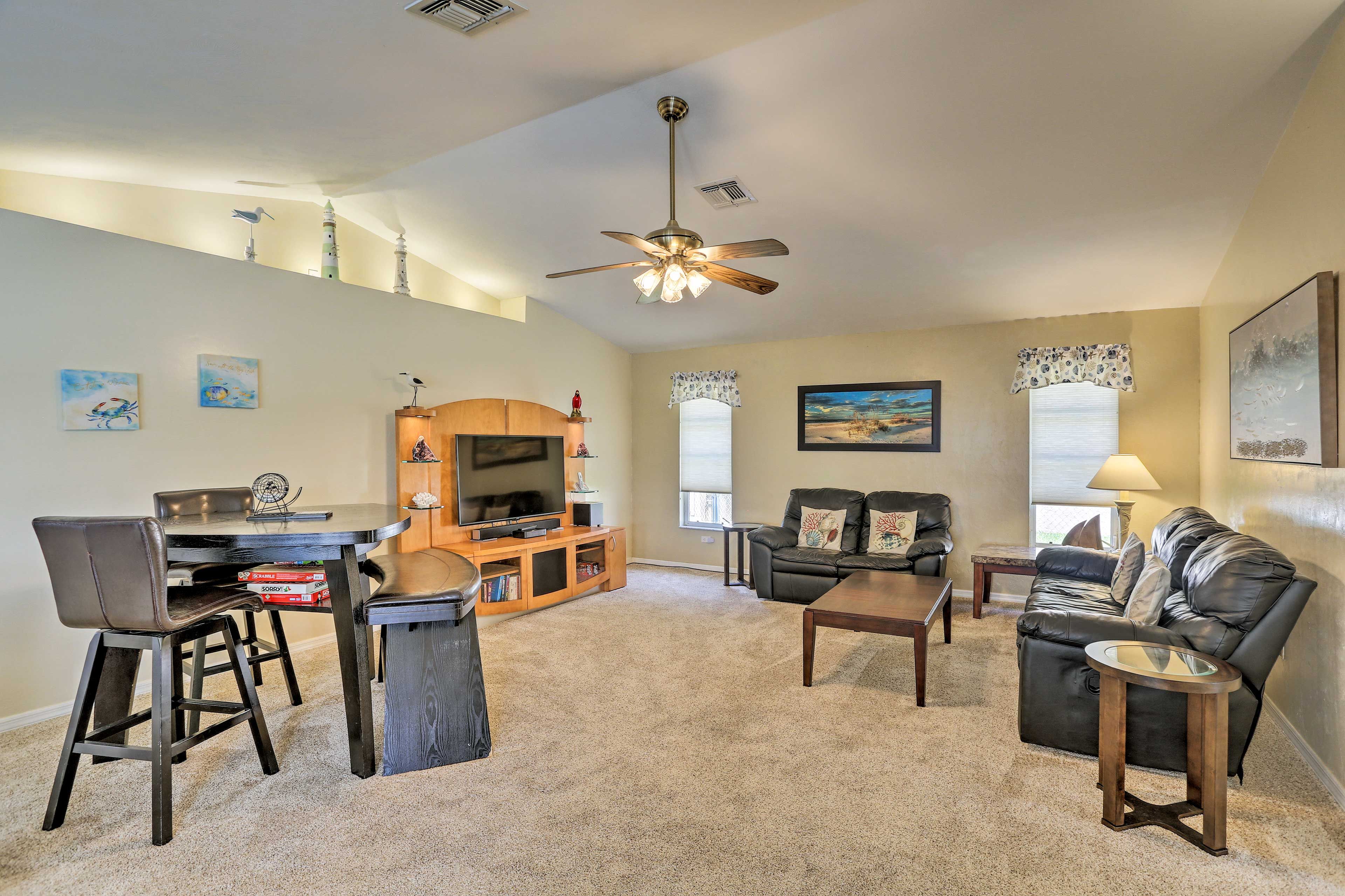 Sink into sofas and play cards on the game table.