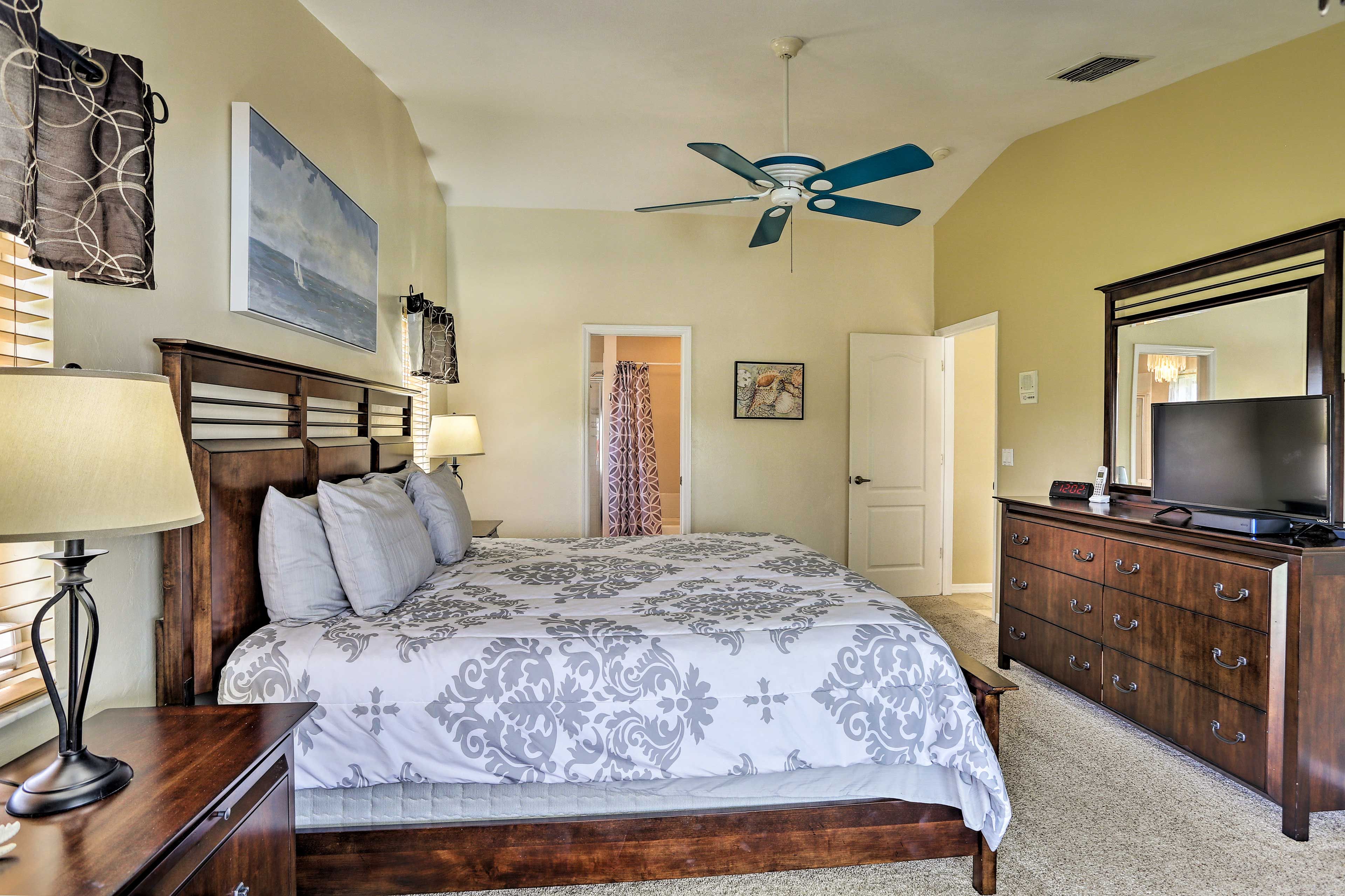 Fall asleep to reruns of your favorite show in the plush king-sized bed.