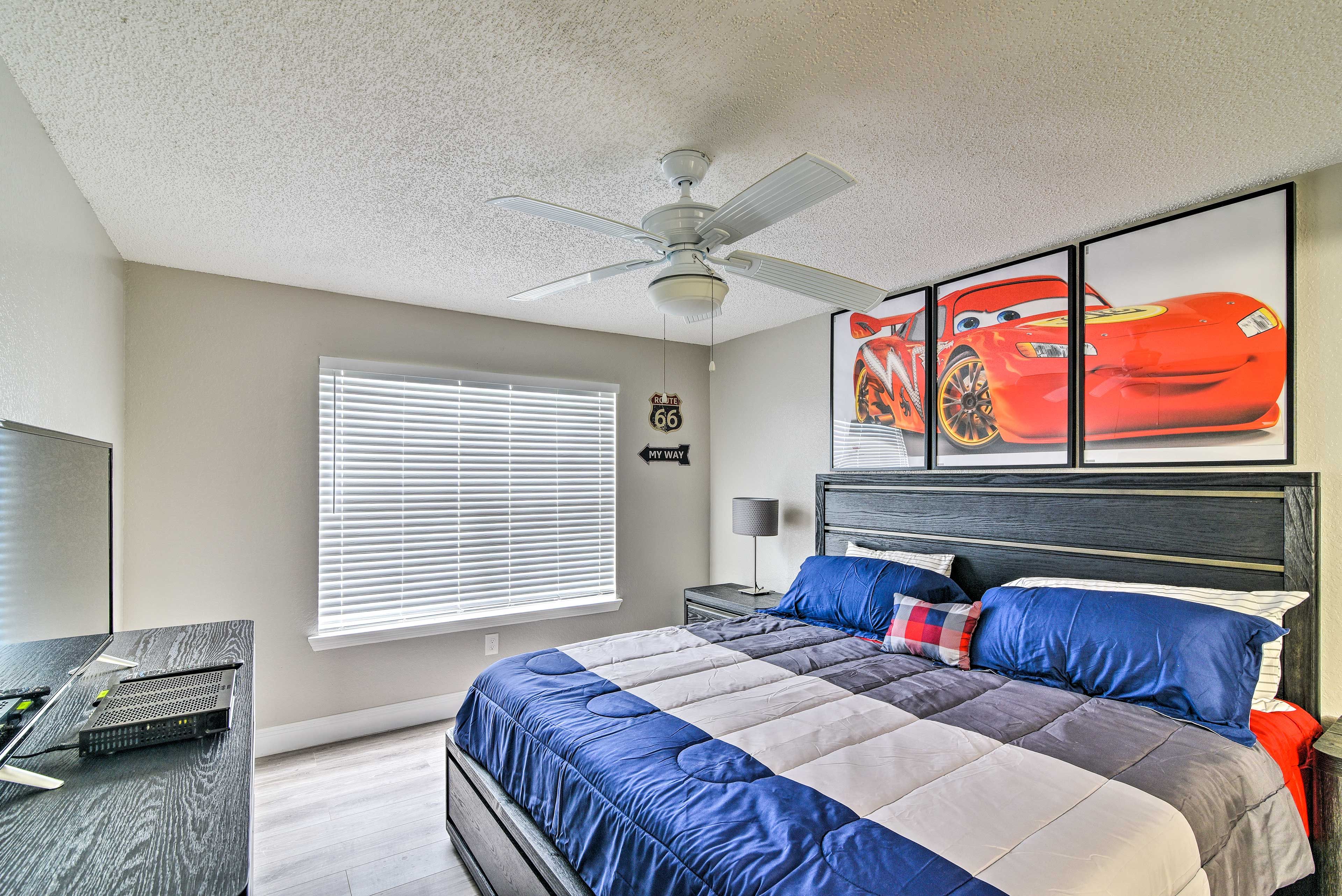 This bedroom is 'Cars' themed, sleeps 2 on a king bed and has an en-suite bath.