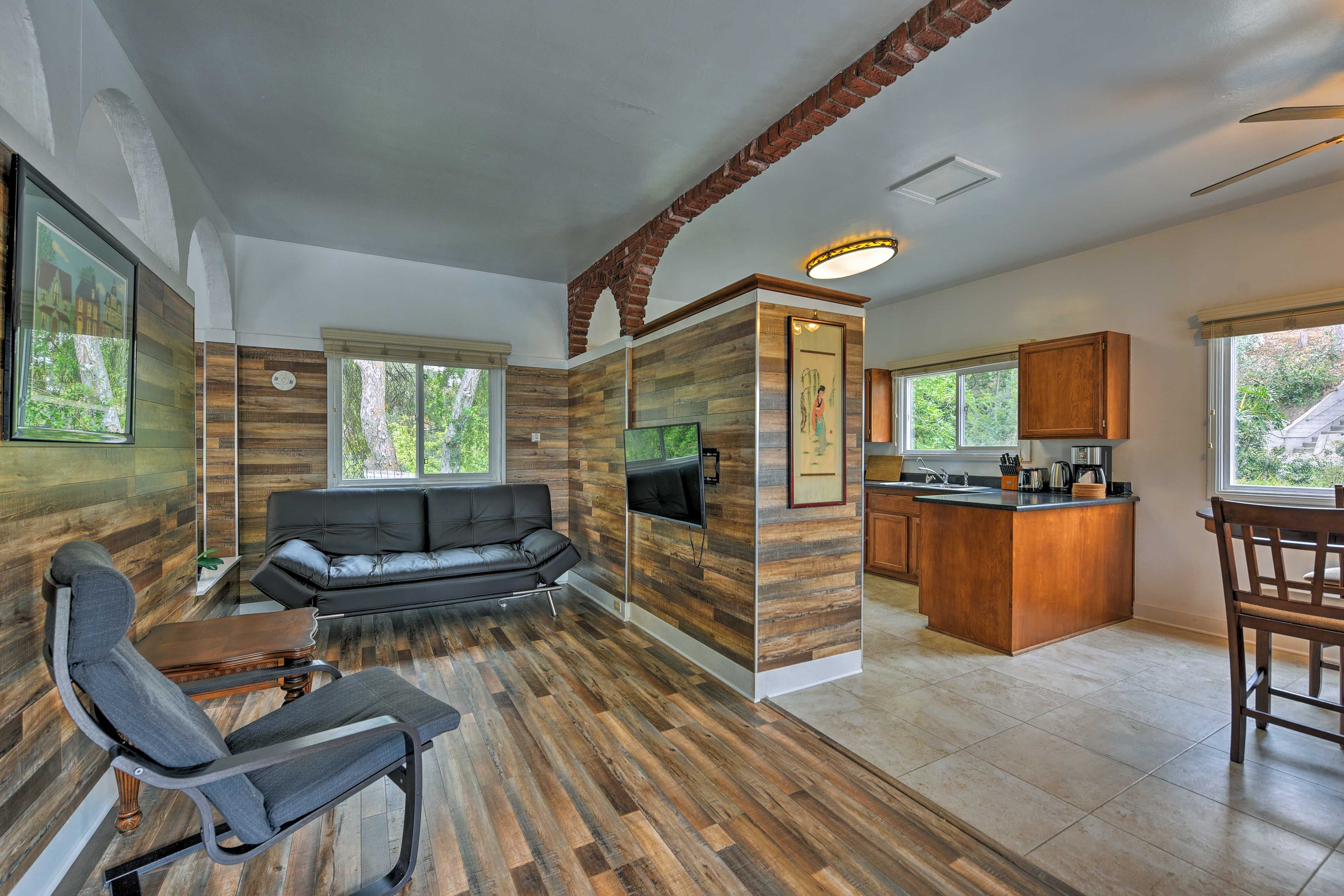 The kitchen is just off the living area.