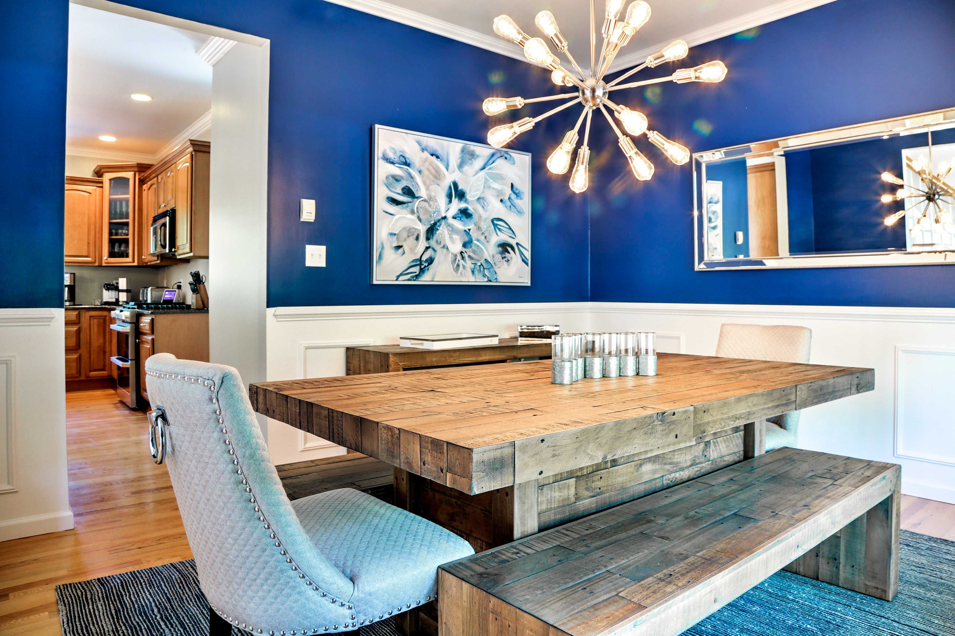 Sit down to a family meal at the rustic wood dining table.