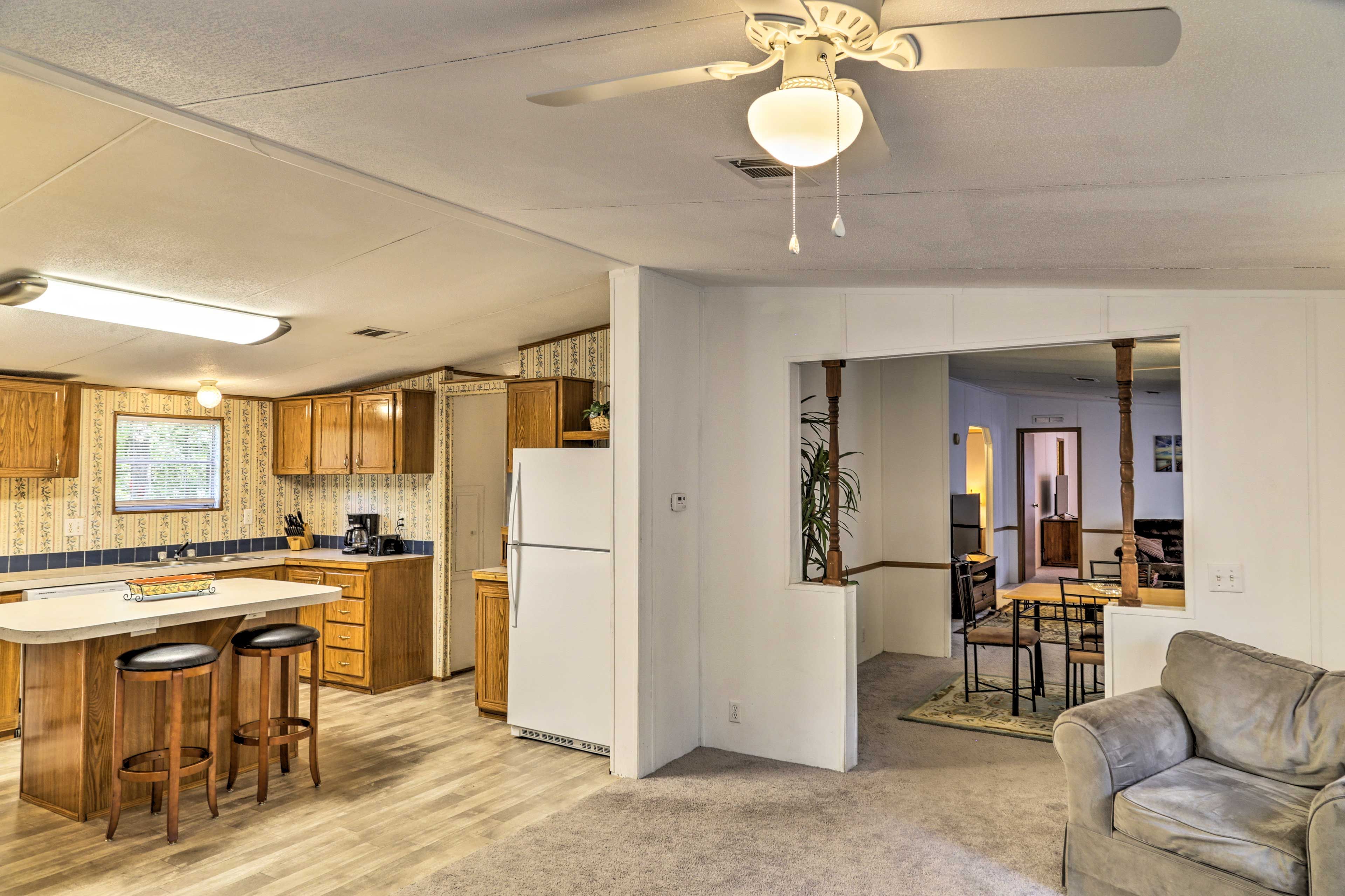 The ceiling fan helps cool down the space.