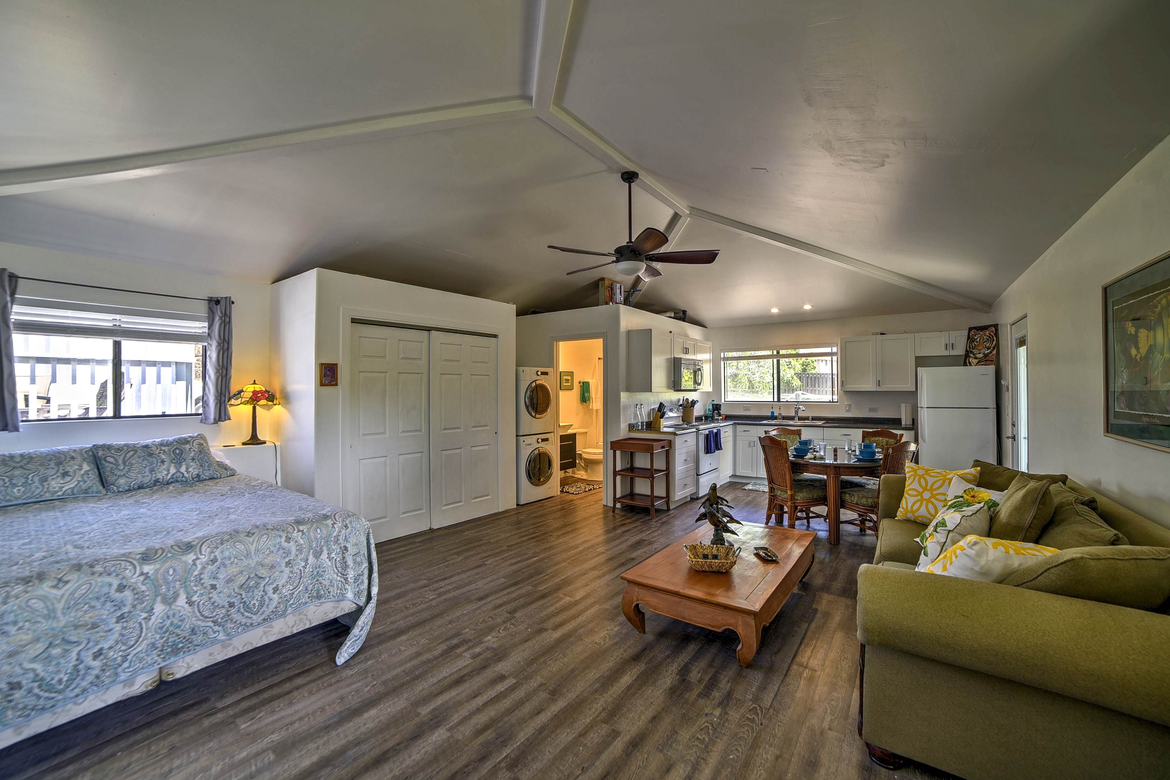 Enjoy hardwood flooring and tall ceilings in the unit.
