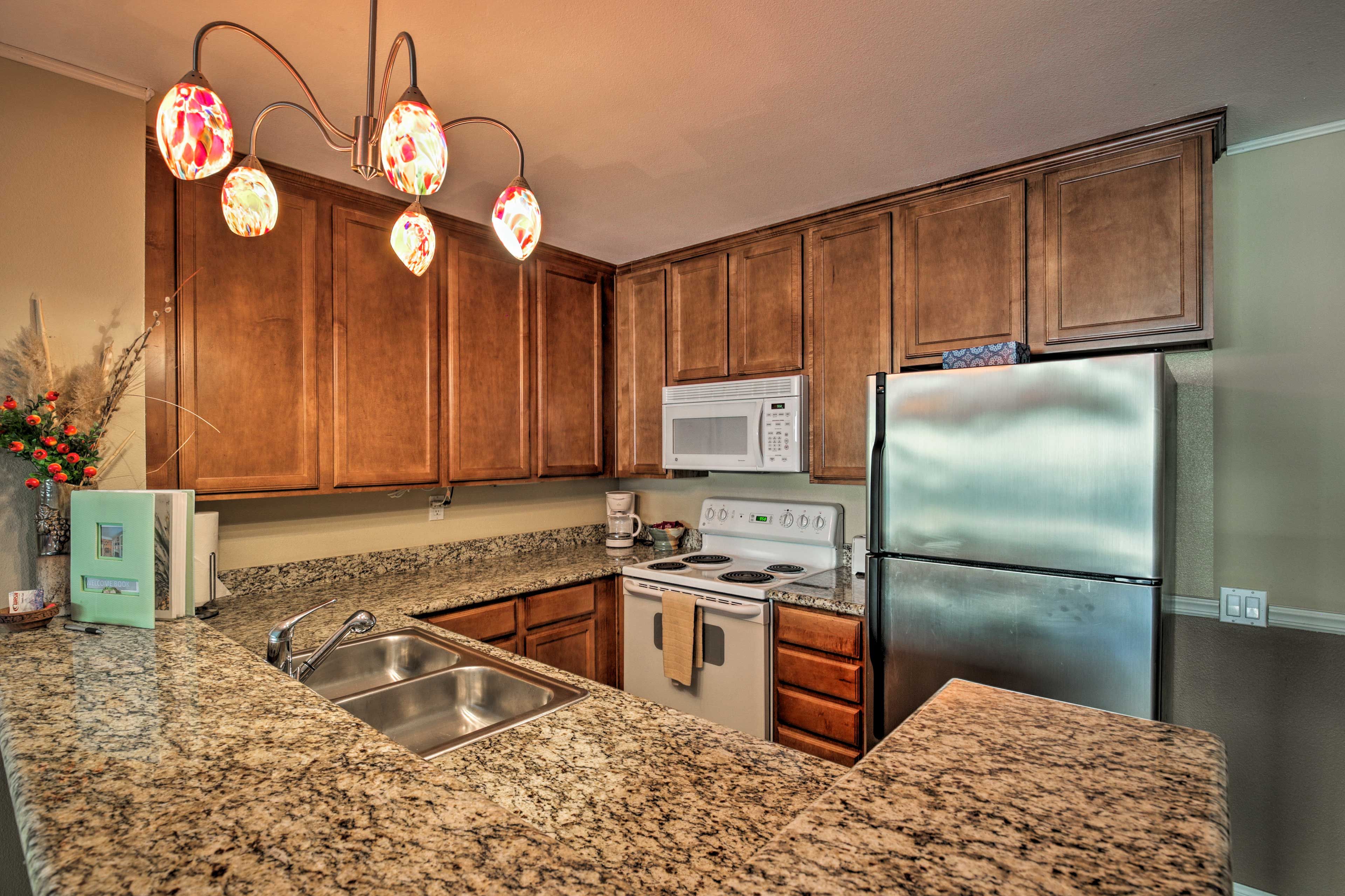 The kitchen is fully equipped with updated appliances.