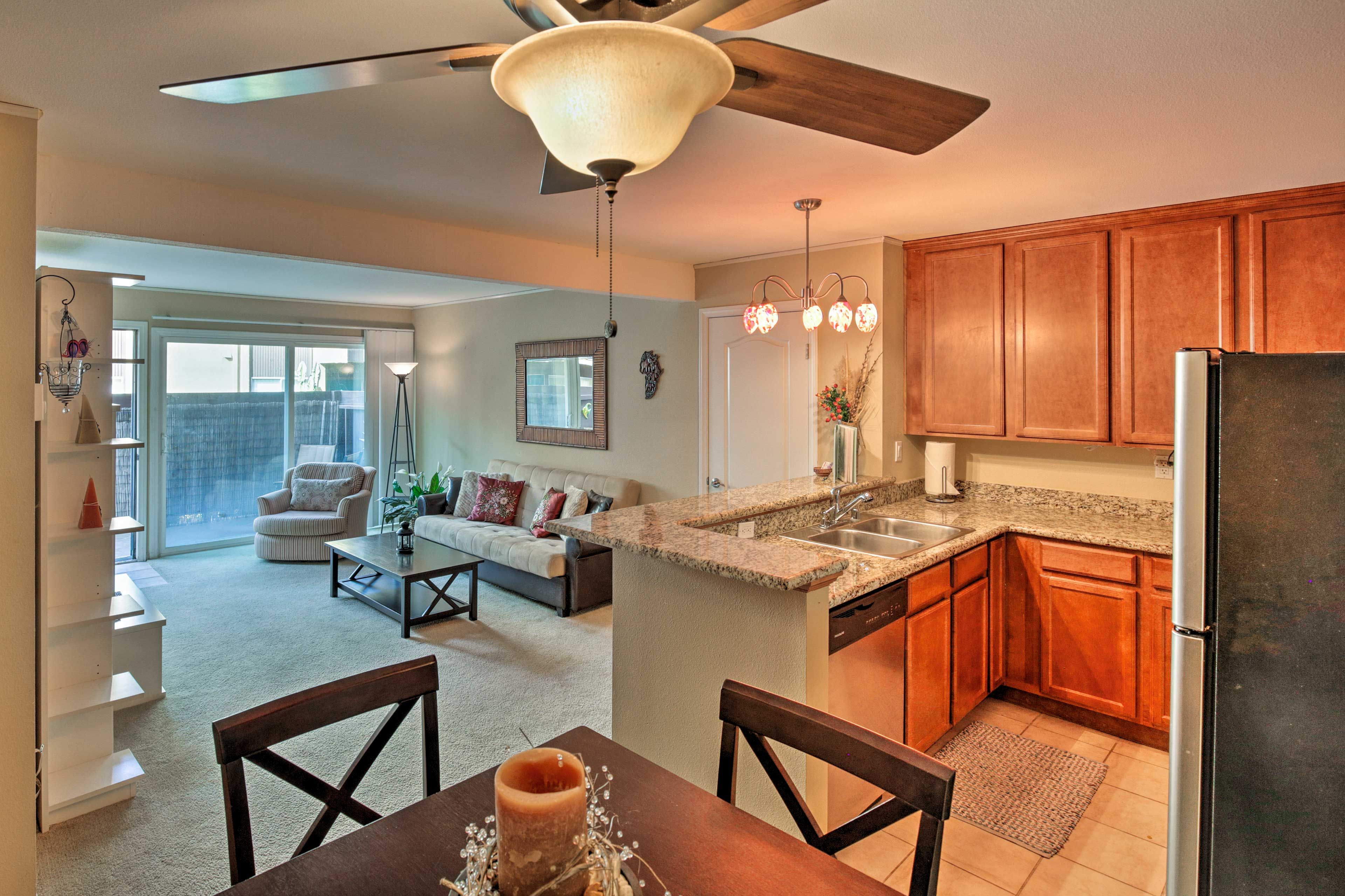 The kitchen opens into the living space.