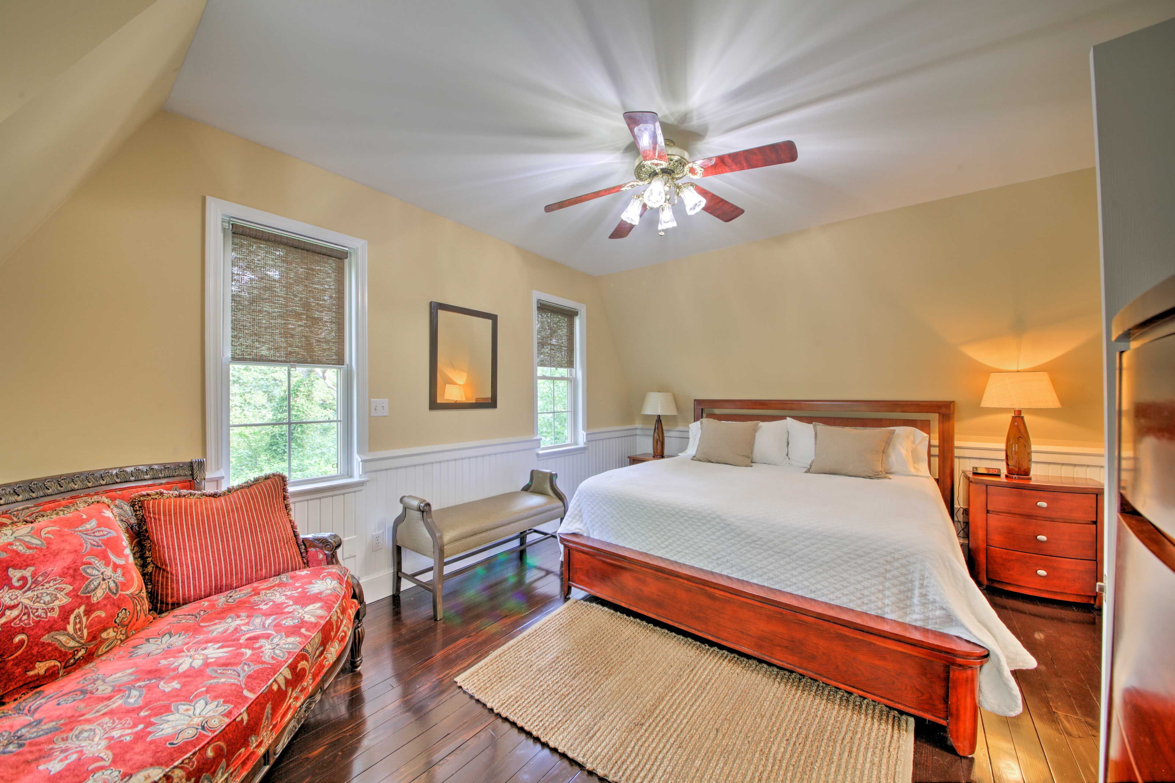 The primary bedroom includes a king-sized bed!