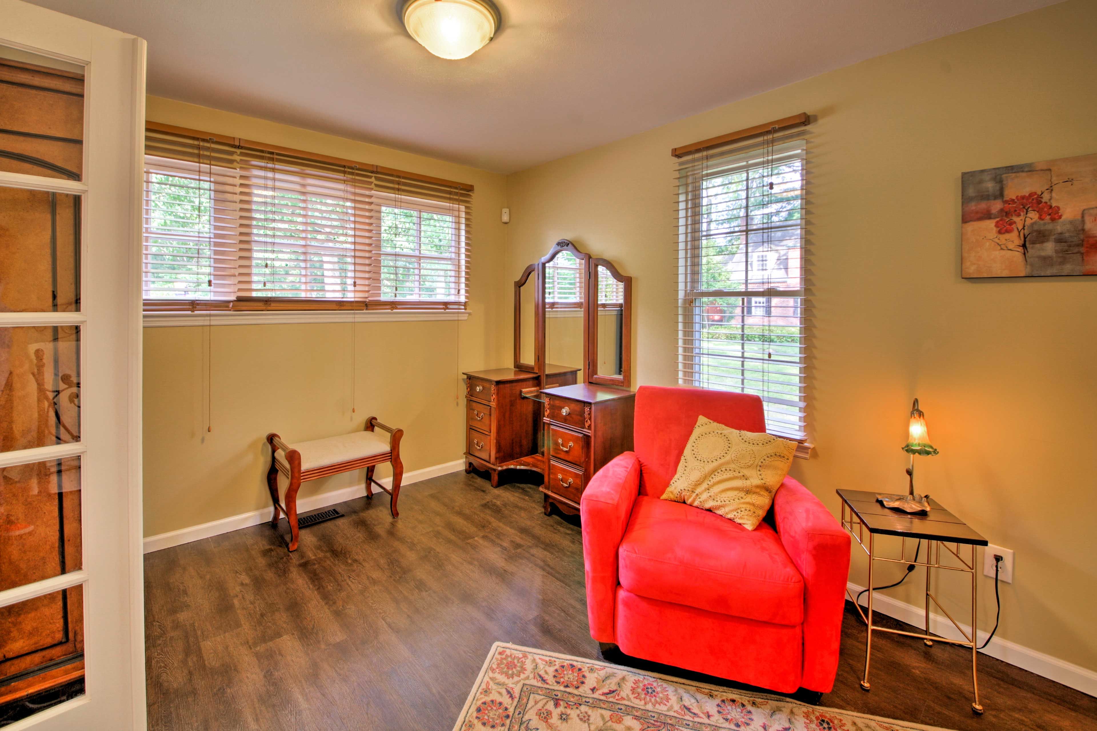 Get ready each morning at the antique vanity.