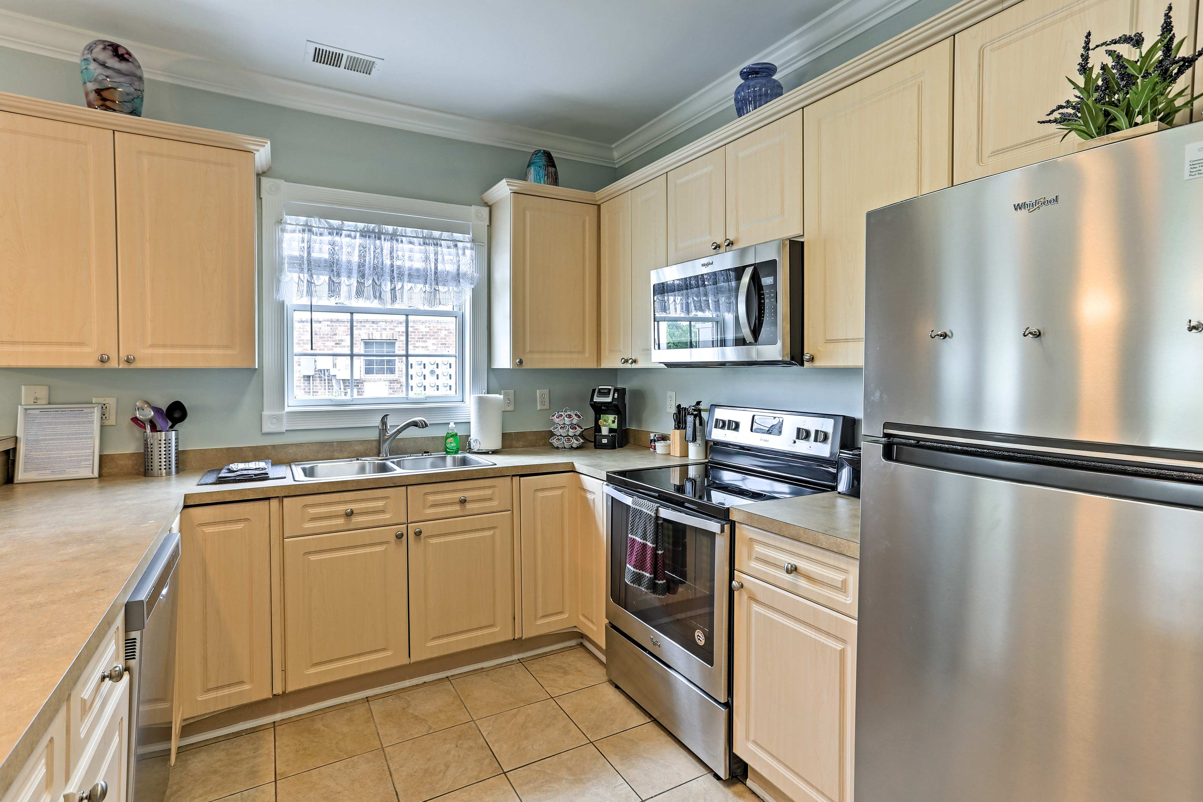 There are stainless steel appliances and plenty of counter space.