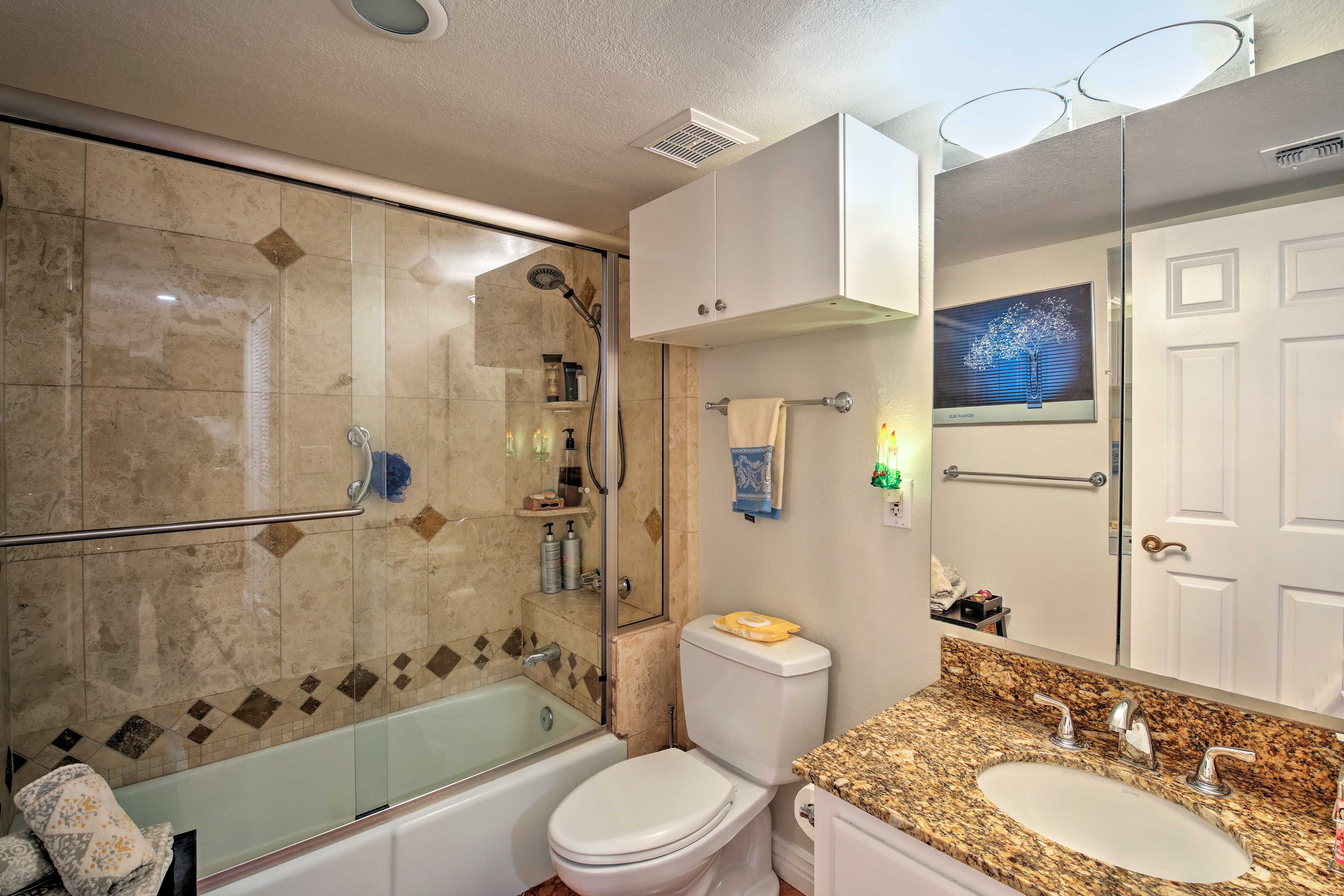 Rinse off after a pool day in the tub/shower combo.