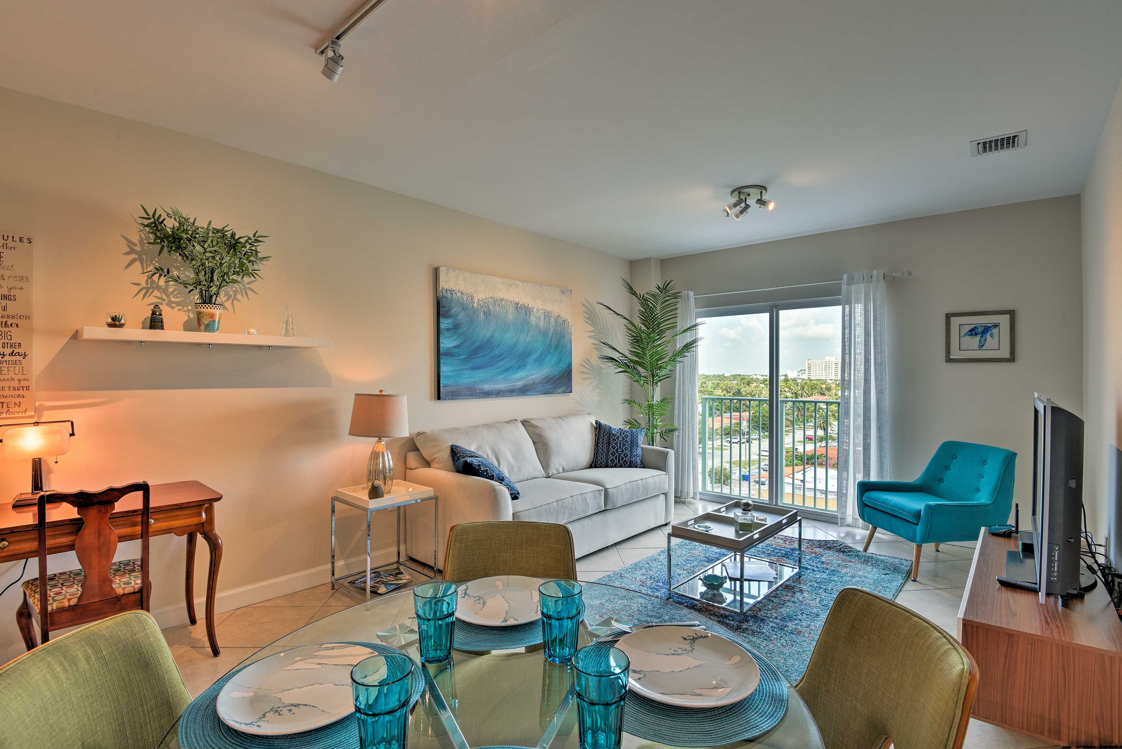 Natural light streams in through the sliding glass door.