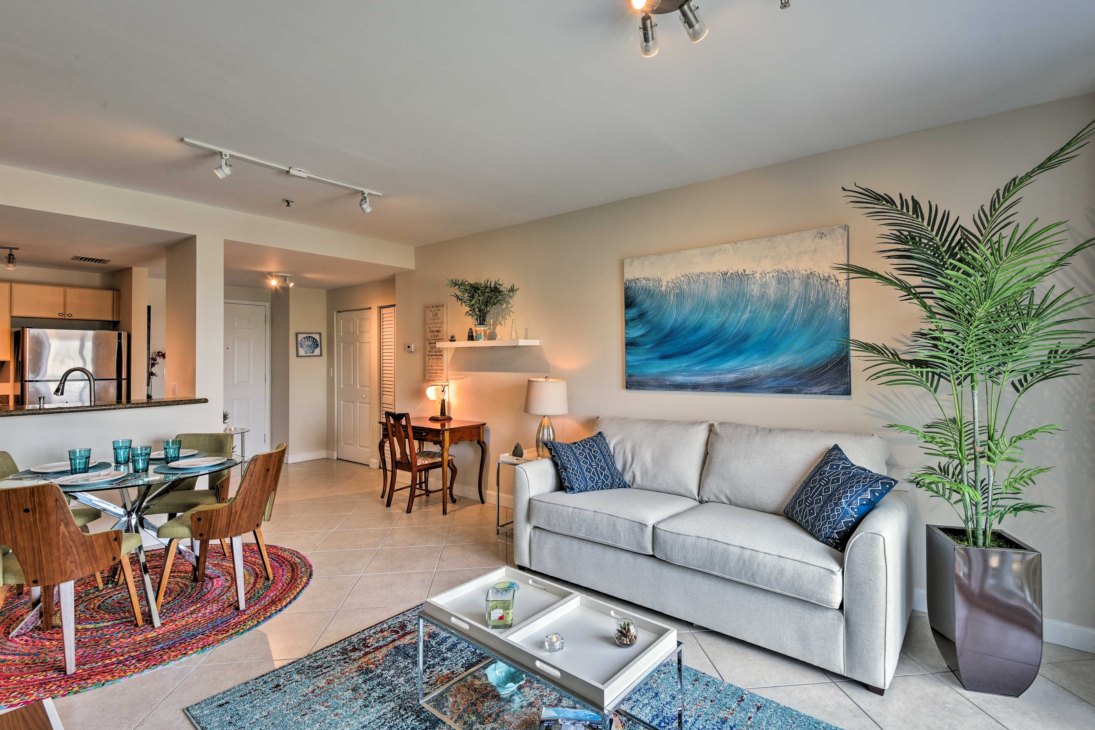 Unwind on the plush sofa after a long day of traveling.