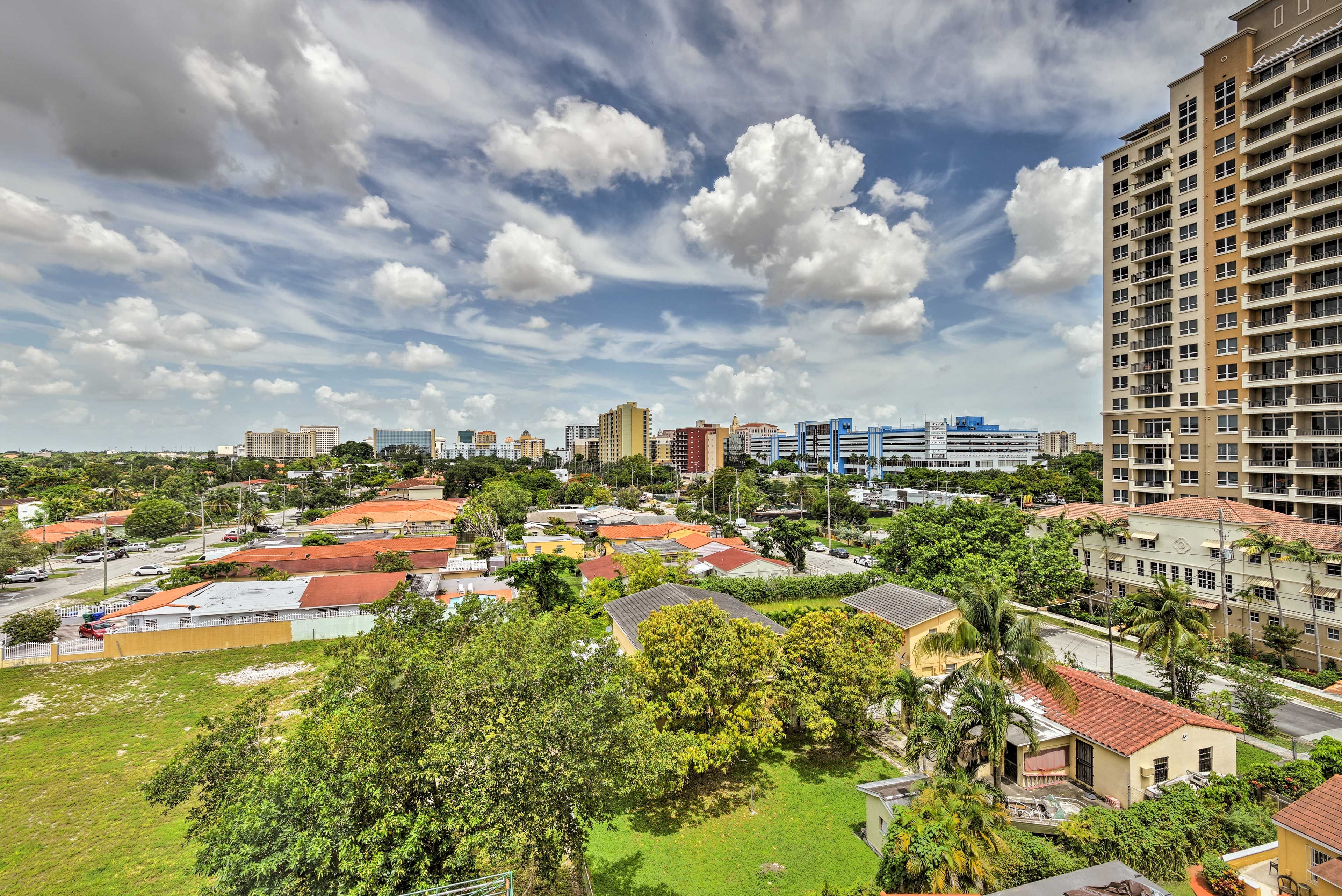 Marvel at the views of the surrounding area through the sliding glass door.