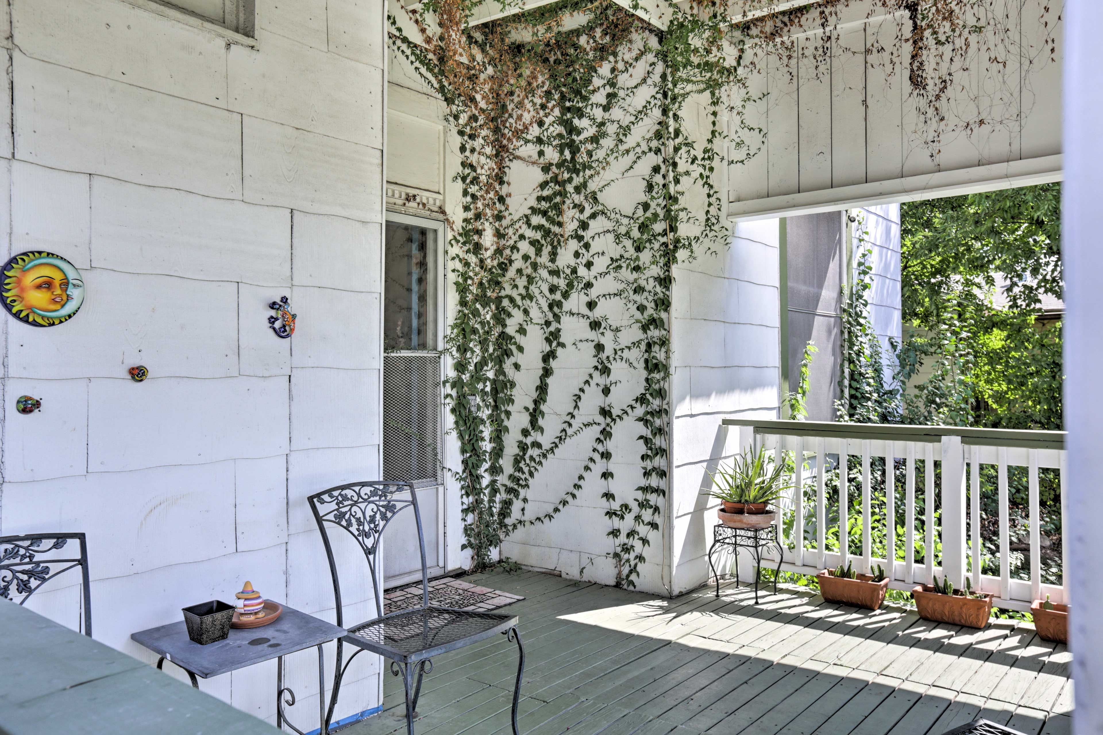 The 1-bed, 2-bath home includes 2 lower porches & an upper balcony.