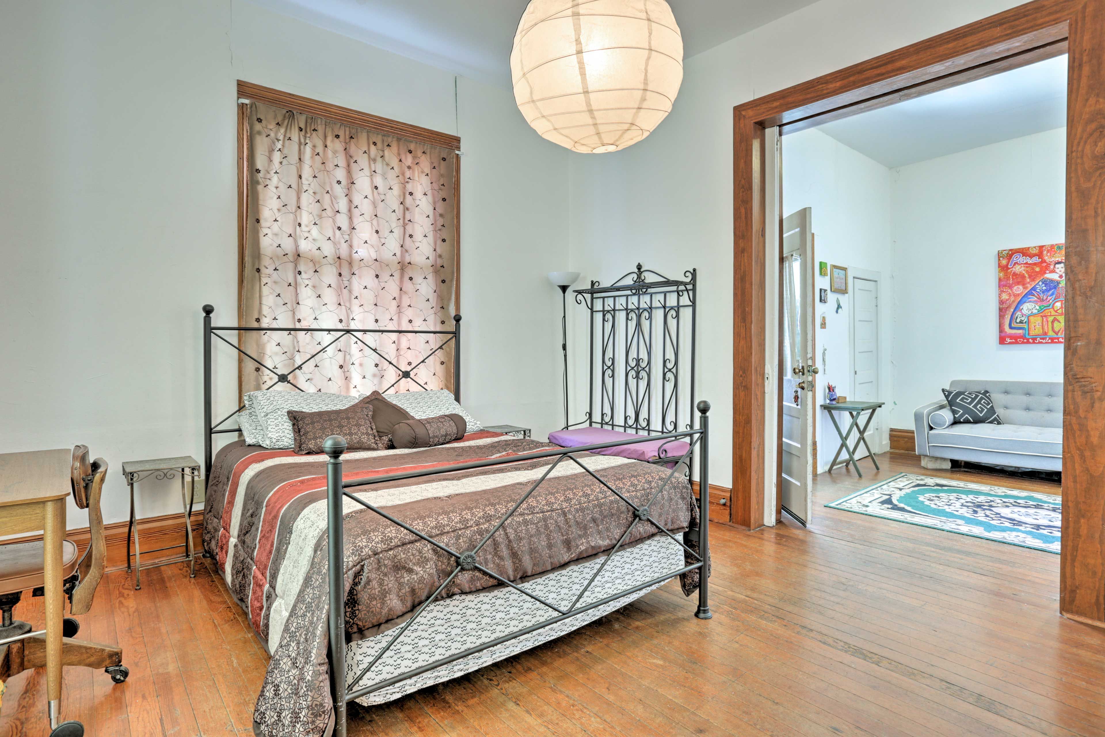 Recharge in the queen-sized bed.
