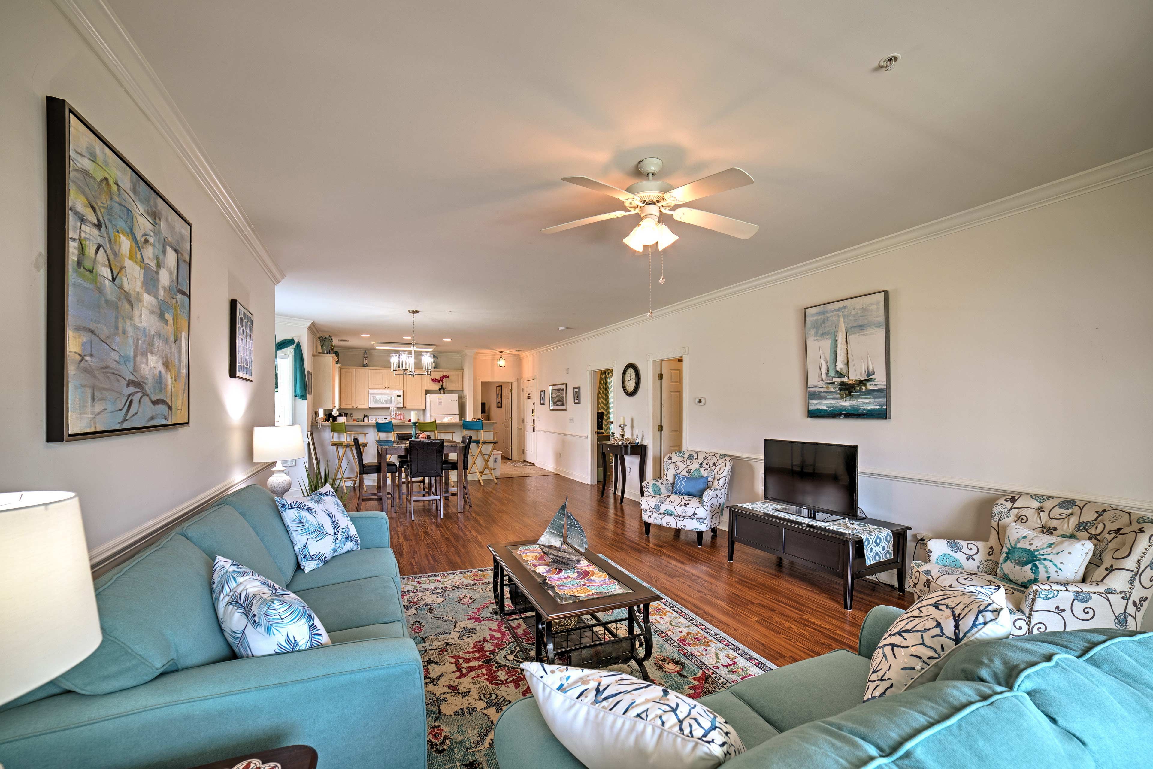 Kick back and relax while watching the flat-screen cable TV!