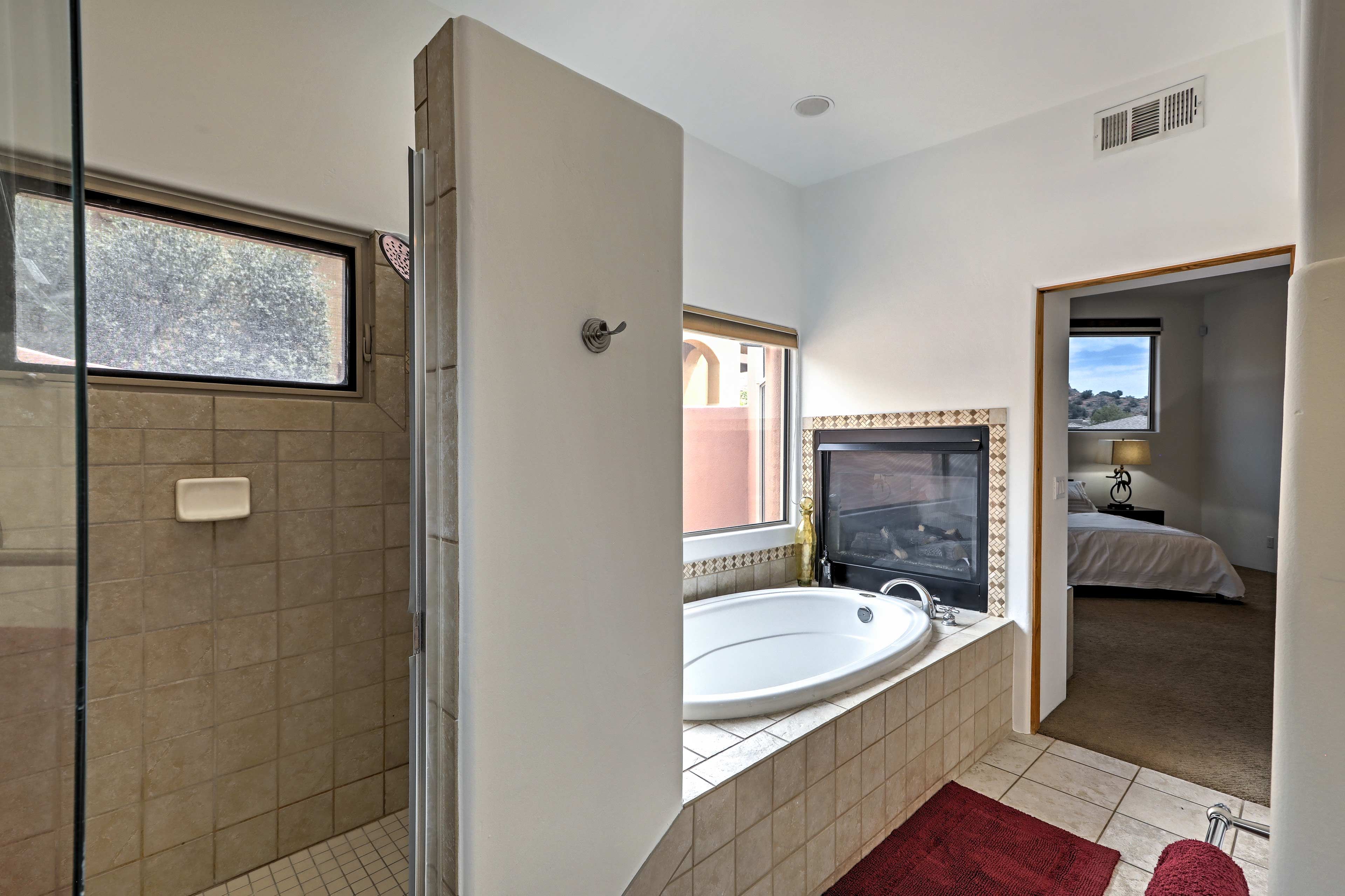 Enjoy a long soak alongside the gas fireplace in the garden tub.