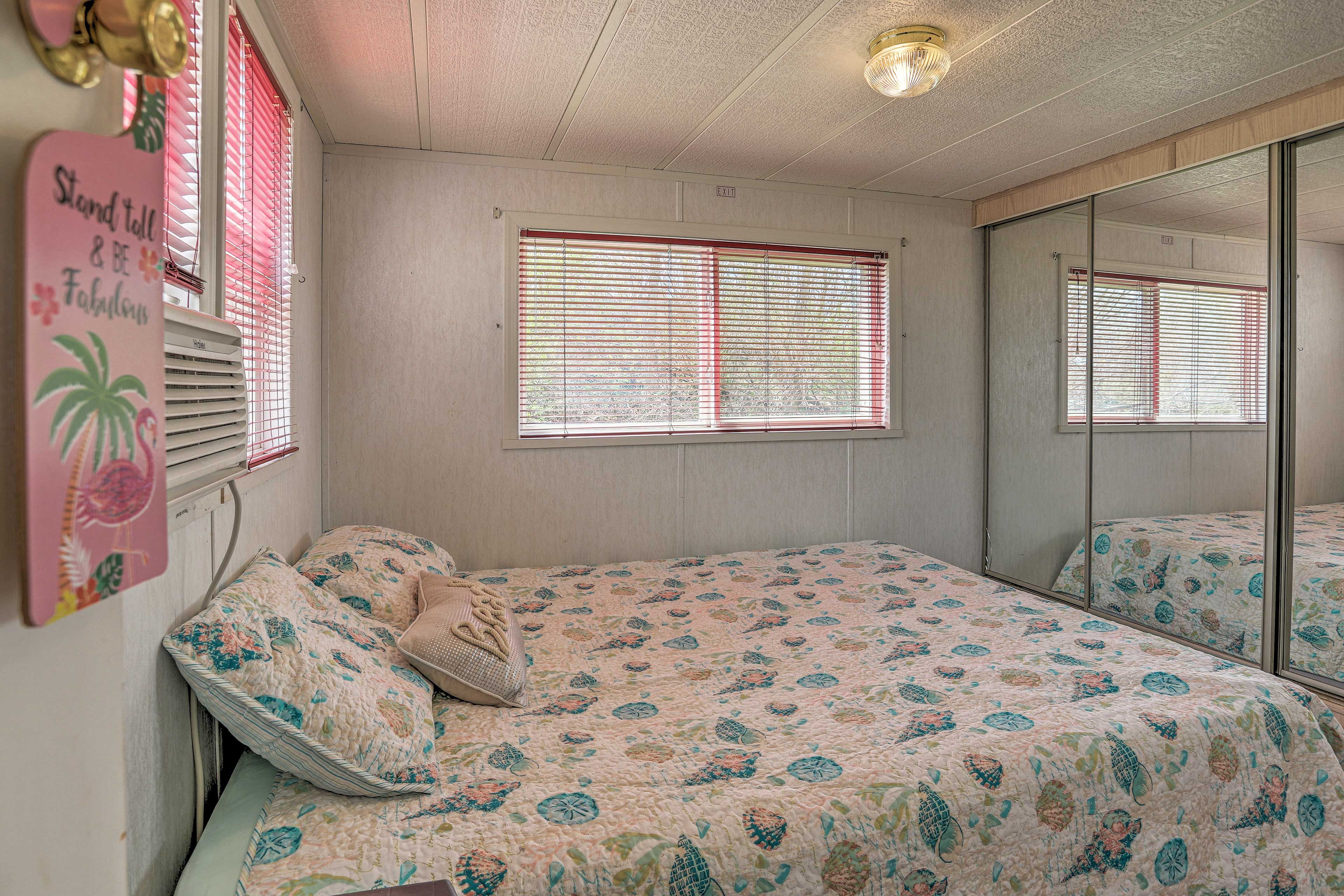Spread out in the primary bedroom's queen-sized bed.