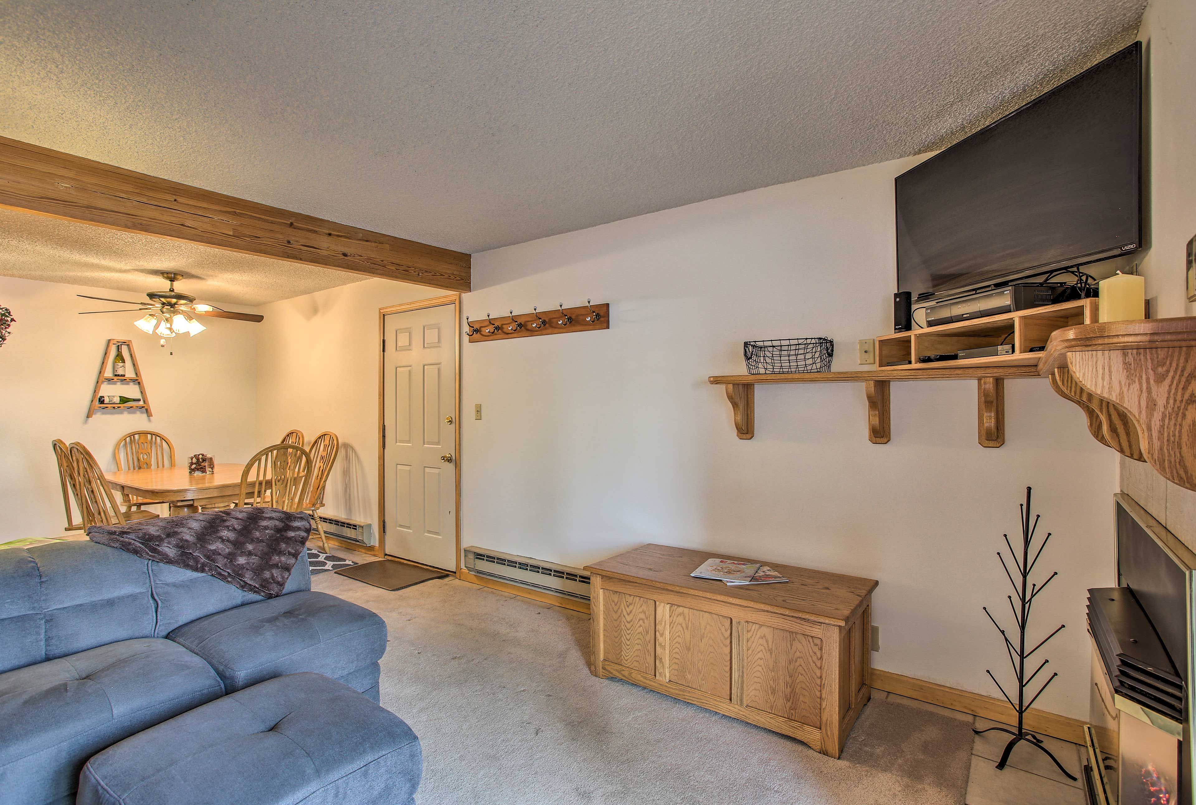 Watch your favorite movie on the flat-screen cable TV.