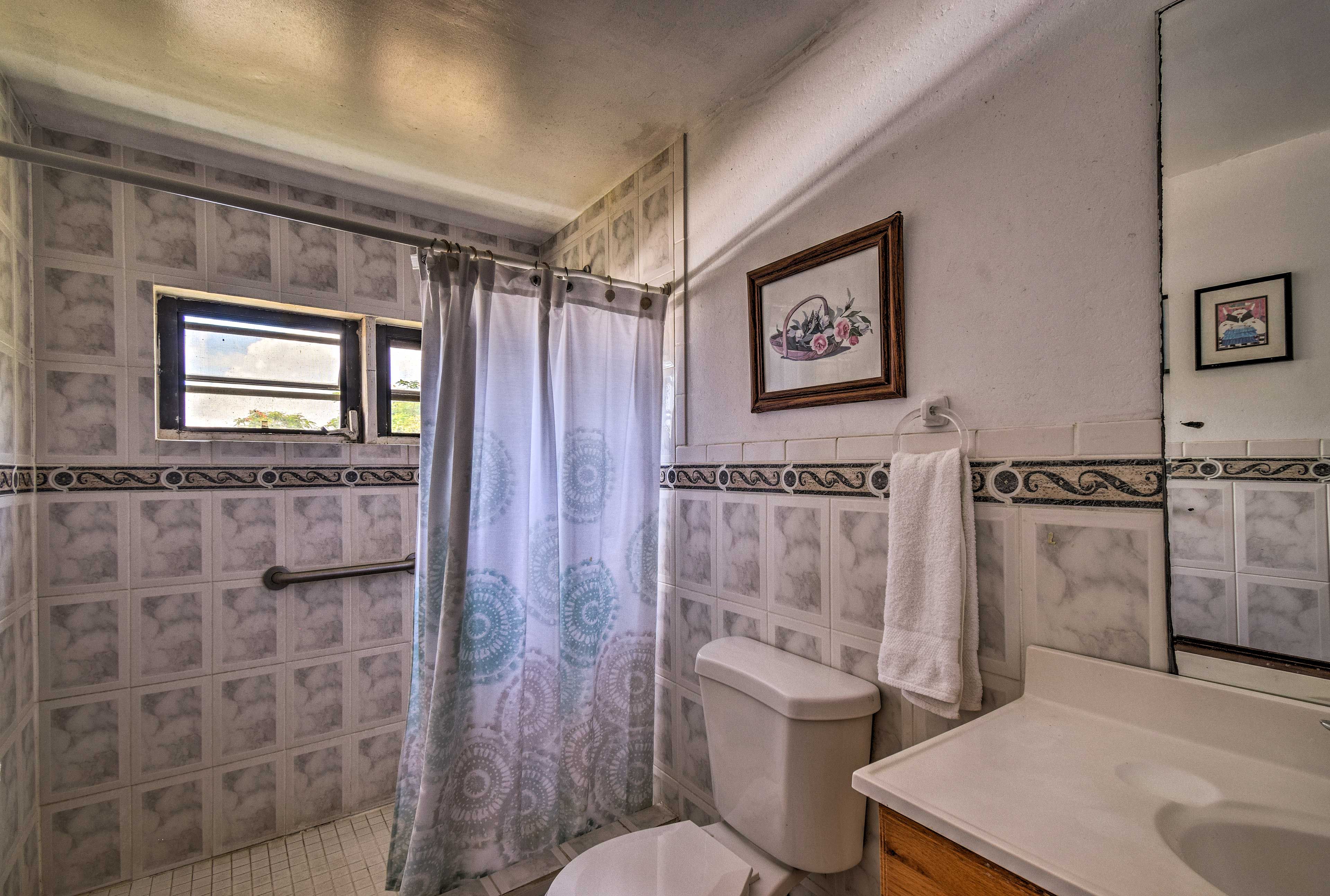 Rinse off in the walk-in shower.