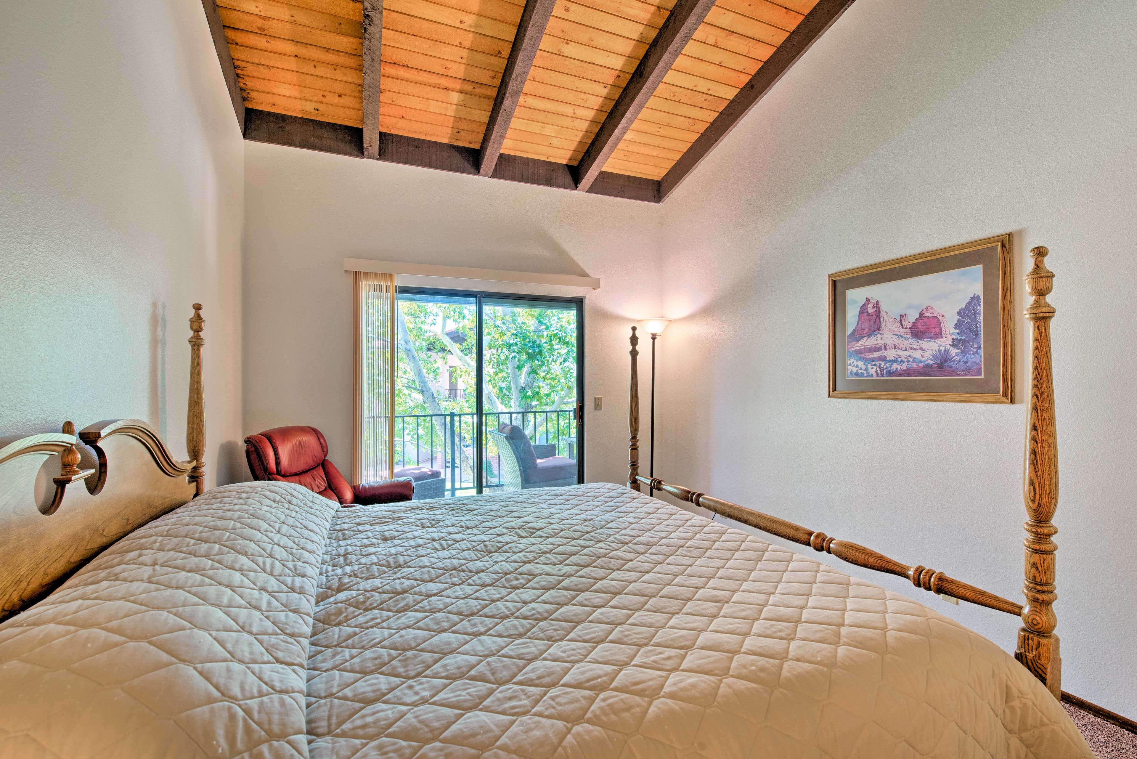 Curl up in this cozy king-sized bed for a tranquil slumber.