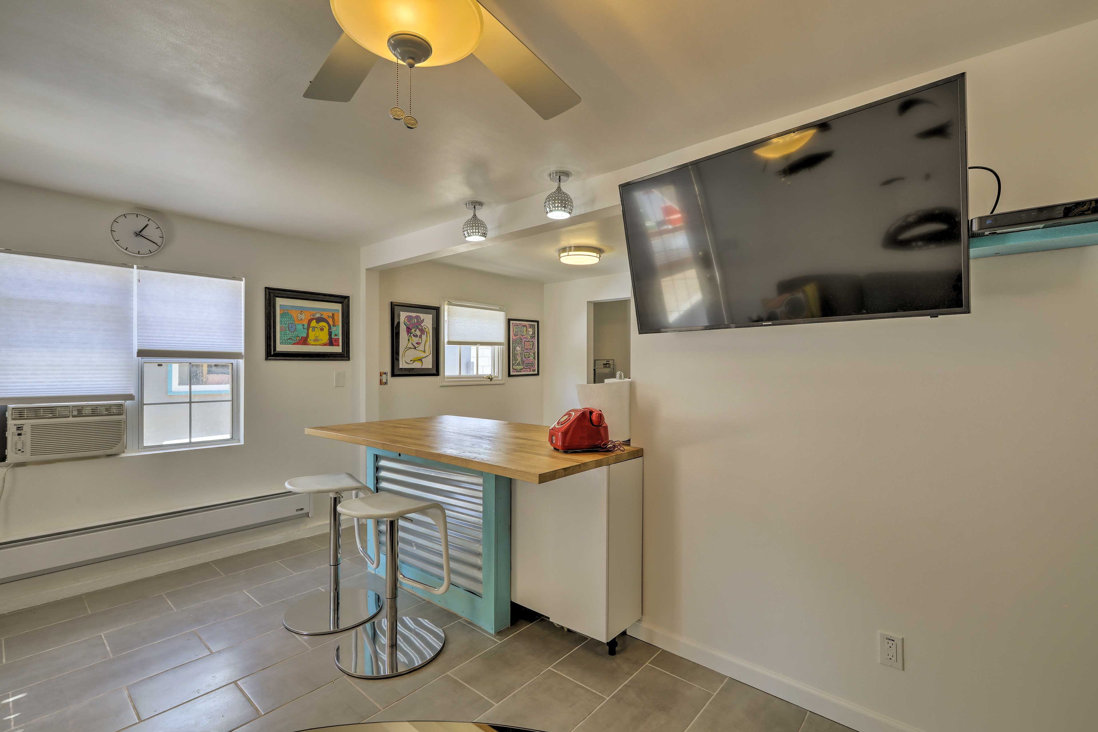 Watch a movie on the 44-inch flat-screen TV with DirecTV.