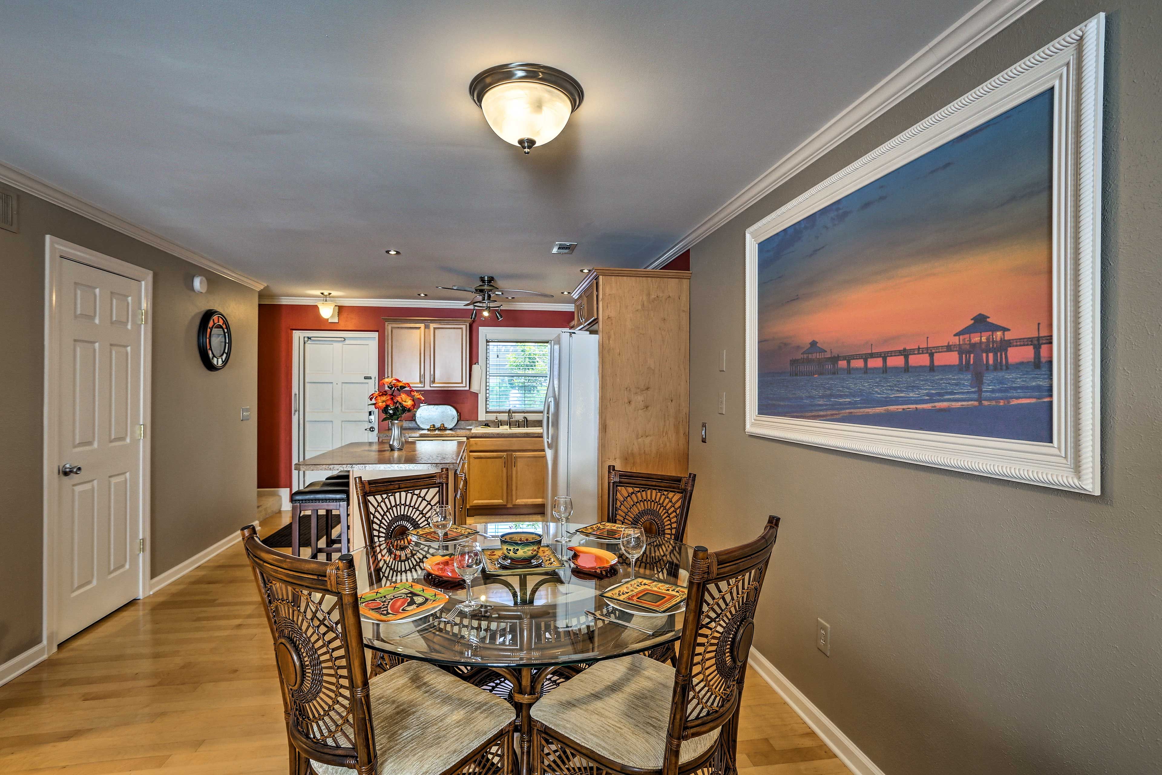 Gather around the dining table to enjoy meals.
