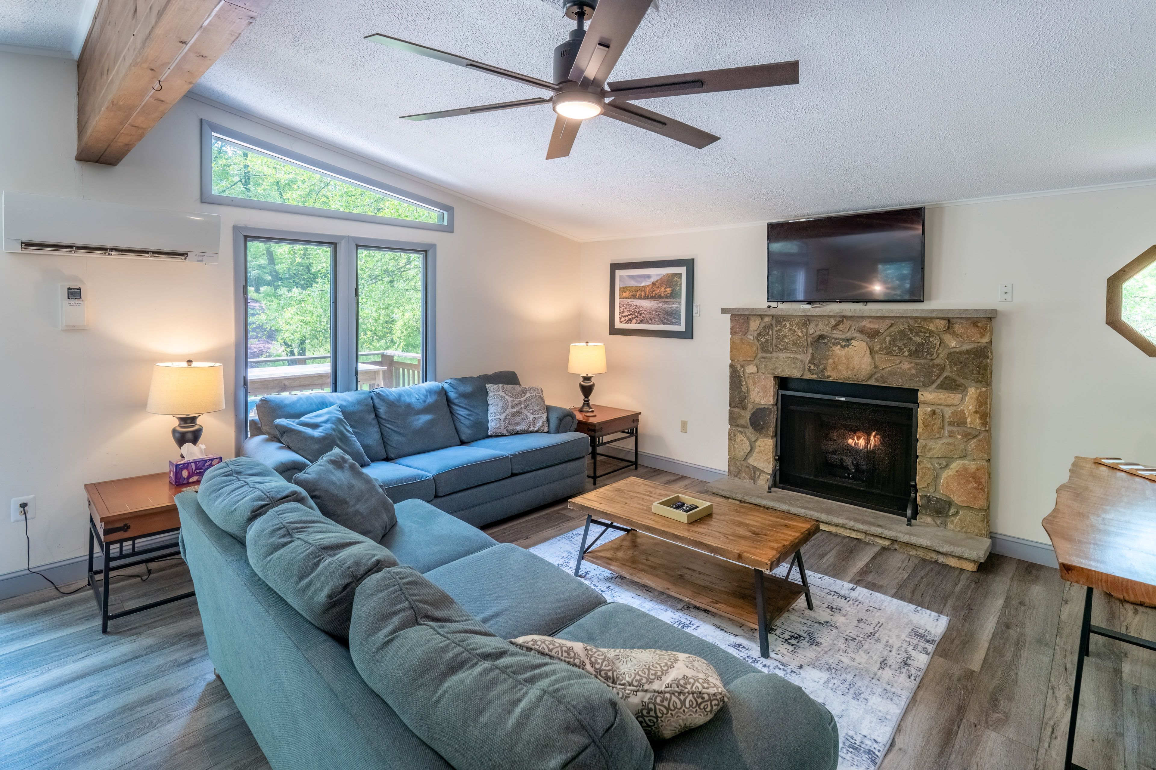 Living Room | Gas Fireplace | Mini-Split Heating & A/C Unit | Free WiFi