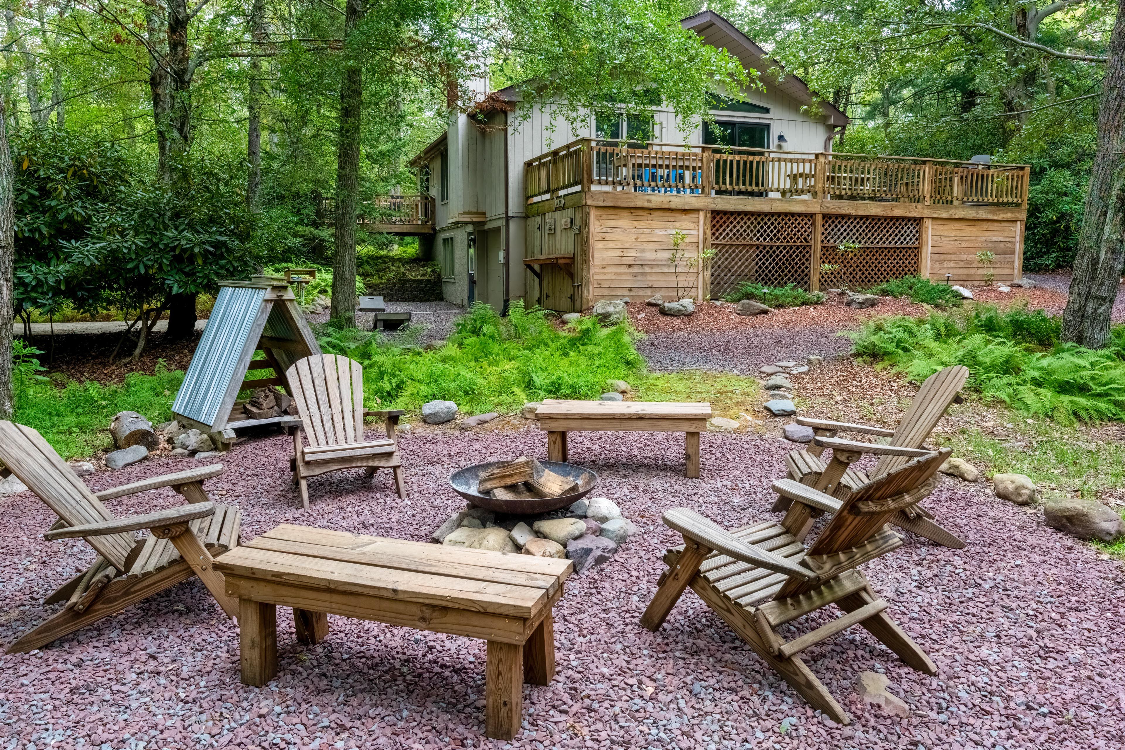 Exterior | Fire Pit w/ Seating | Furnished Deck | Private Yard