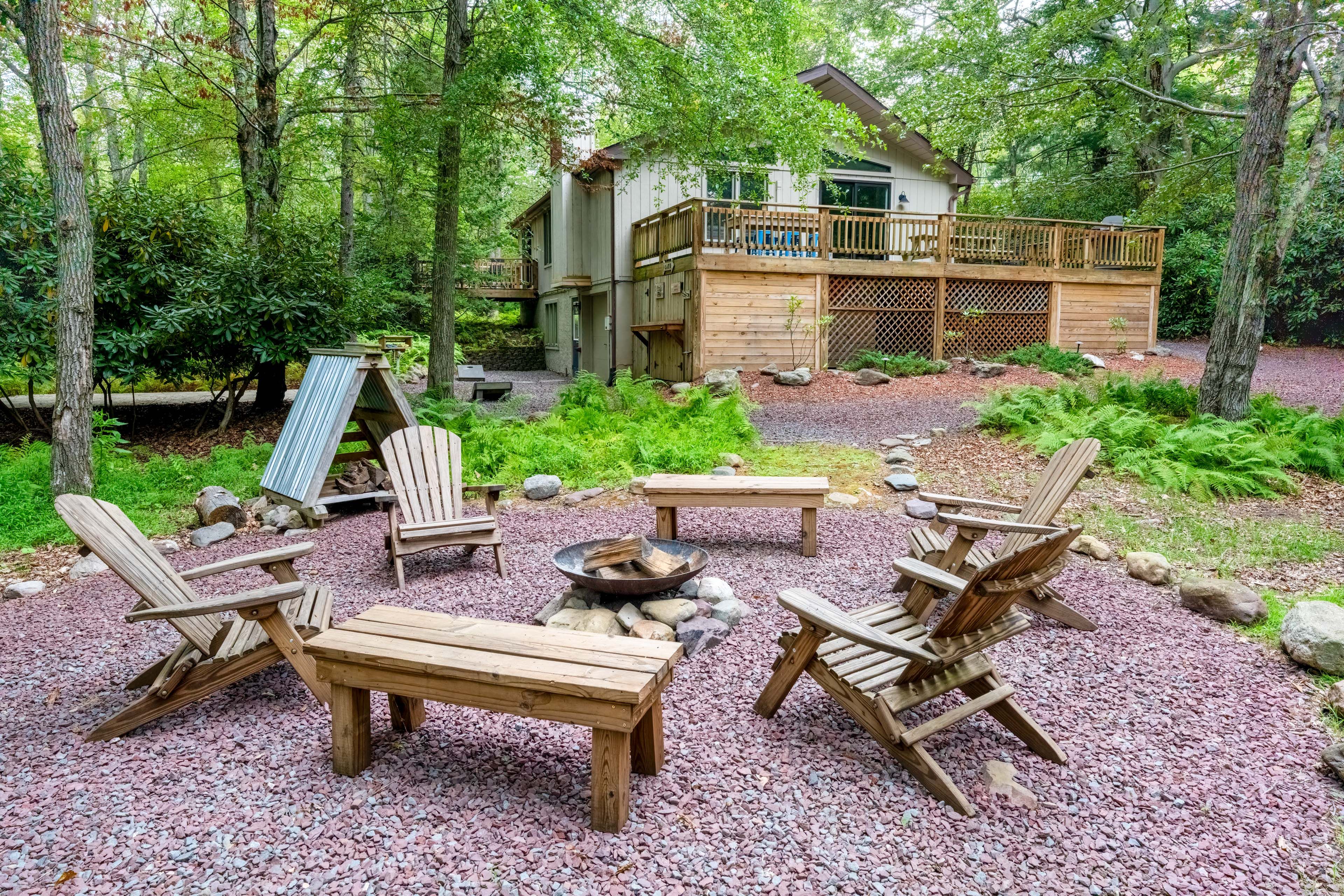 Exterior | Fire Pit w/ Seating | Furnished Deck | Private Yard