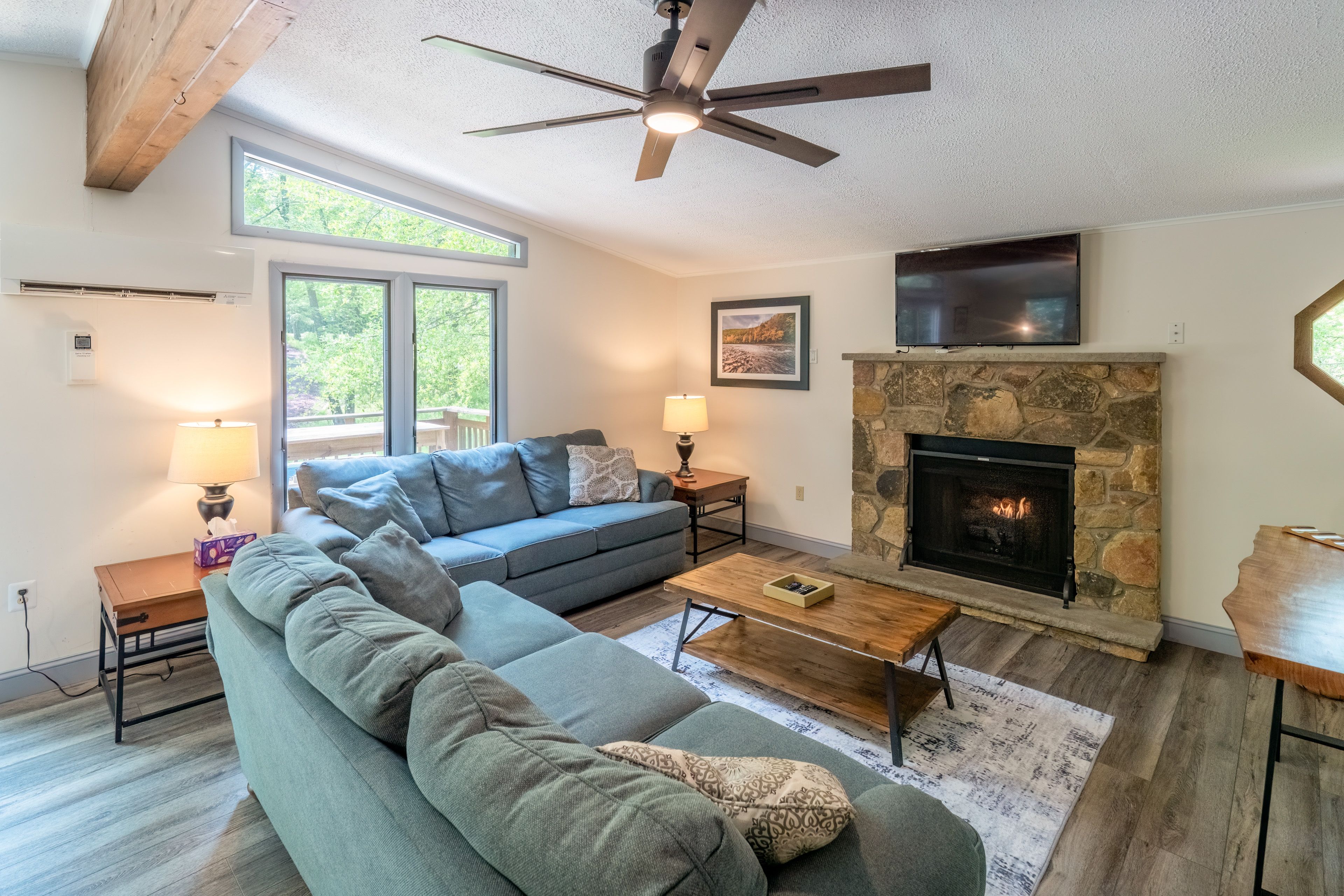Living Room | Gas Fireplace | Mini-Split Heating & A/C Unit | Free WiFi