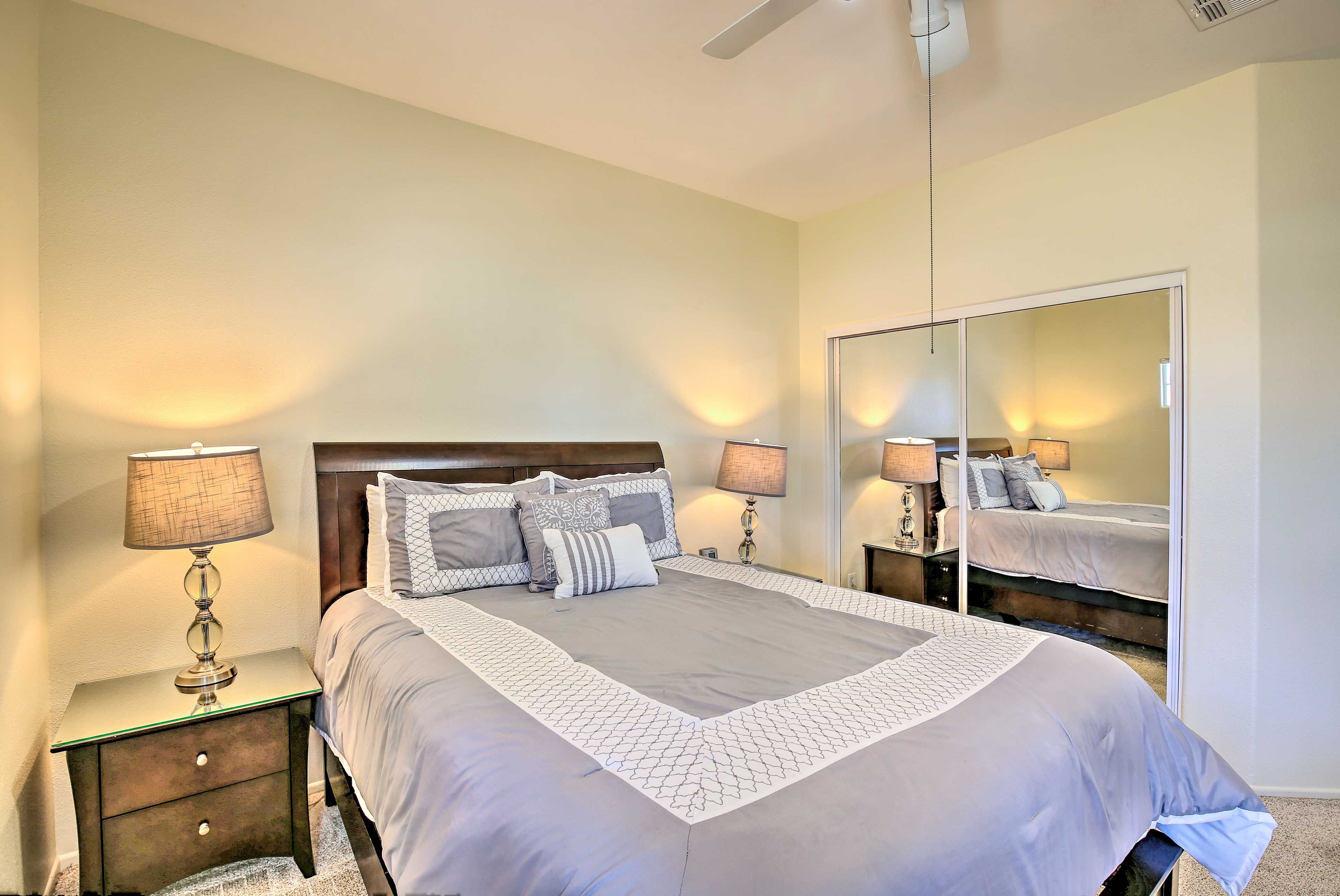 Rest your head on this queen-sized bed.
