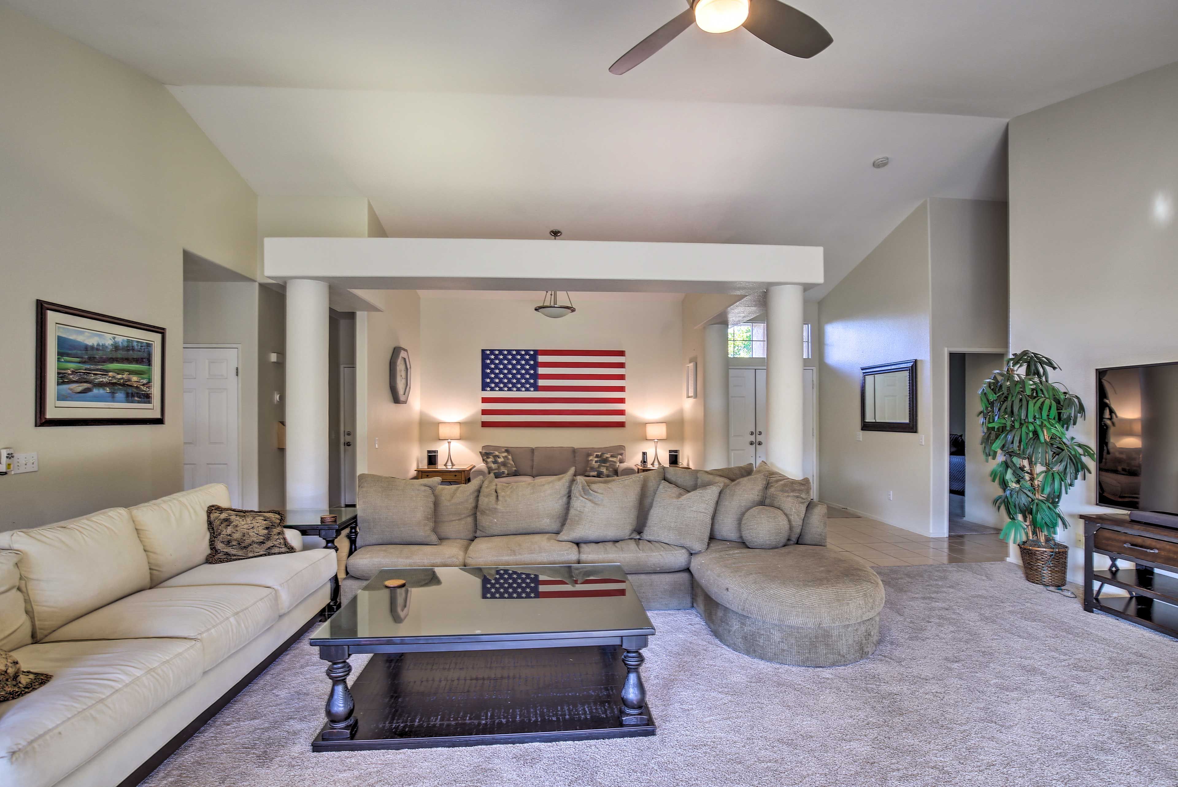 Two large sofas provide ample seating for the whole crew.