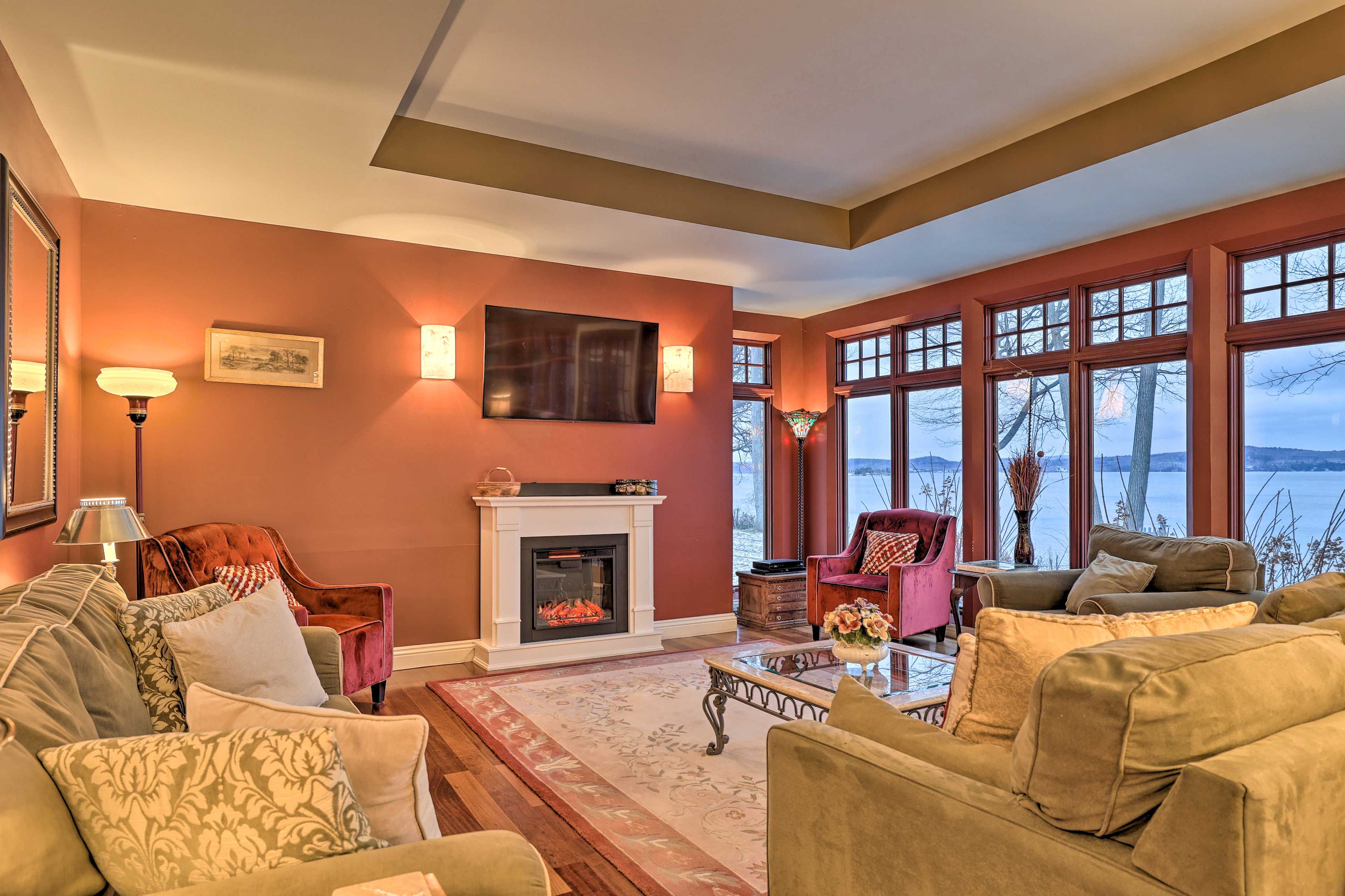 Living Room | Smart TVs w/ Cable | Lake Champlain & Mount Mansfield Views