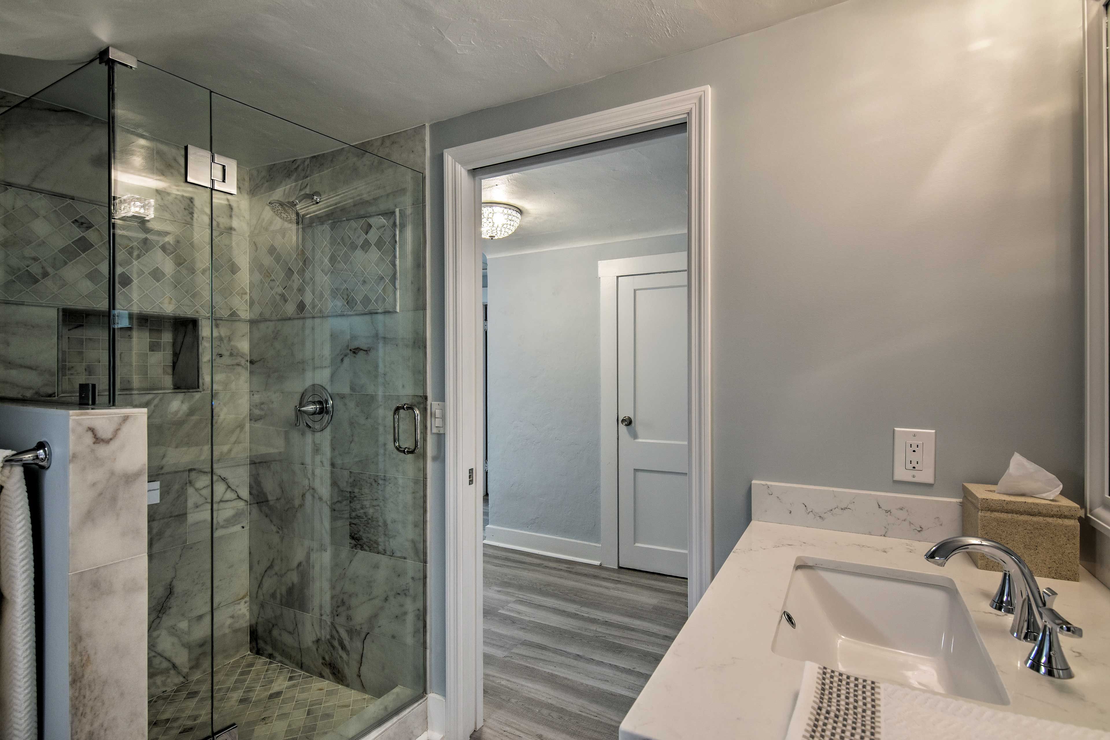 Rinse off in the walk-in shower.