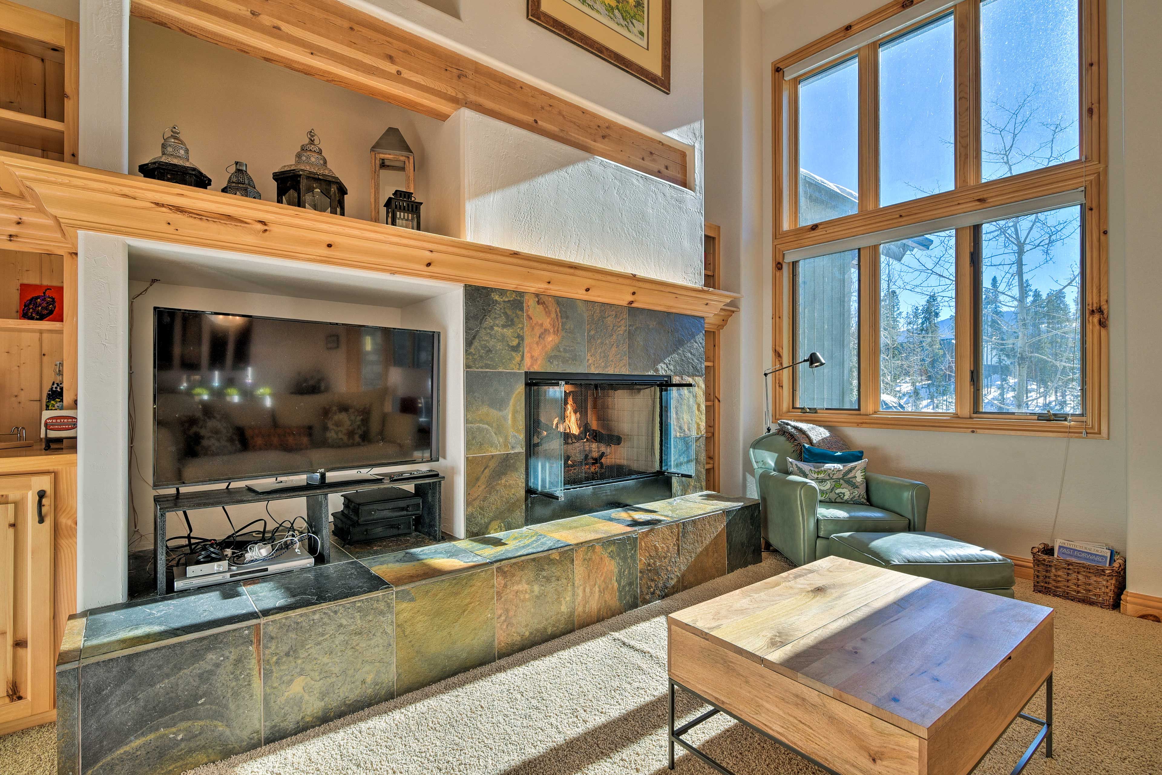 Cozy up in front of the gas fireplace on chilly nights.