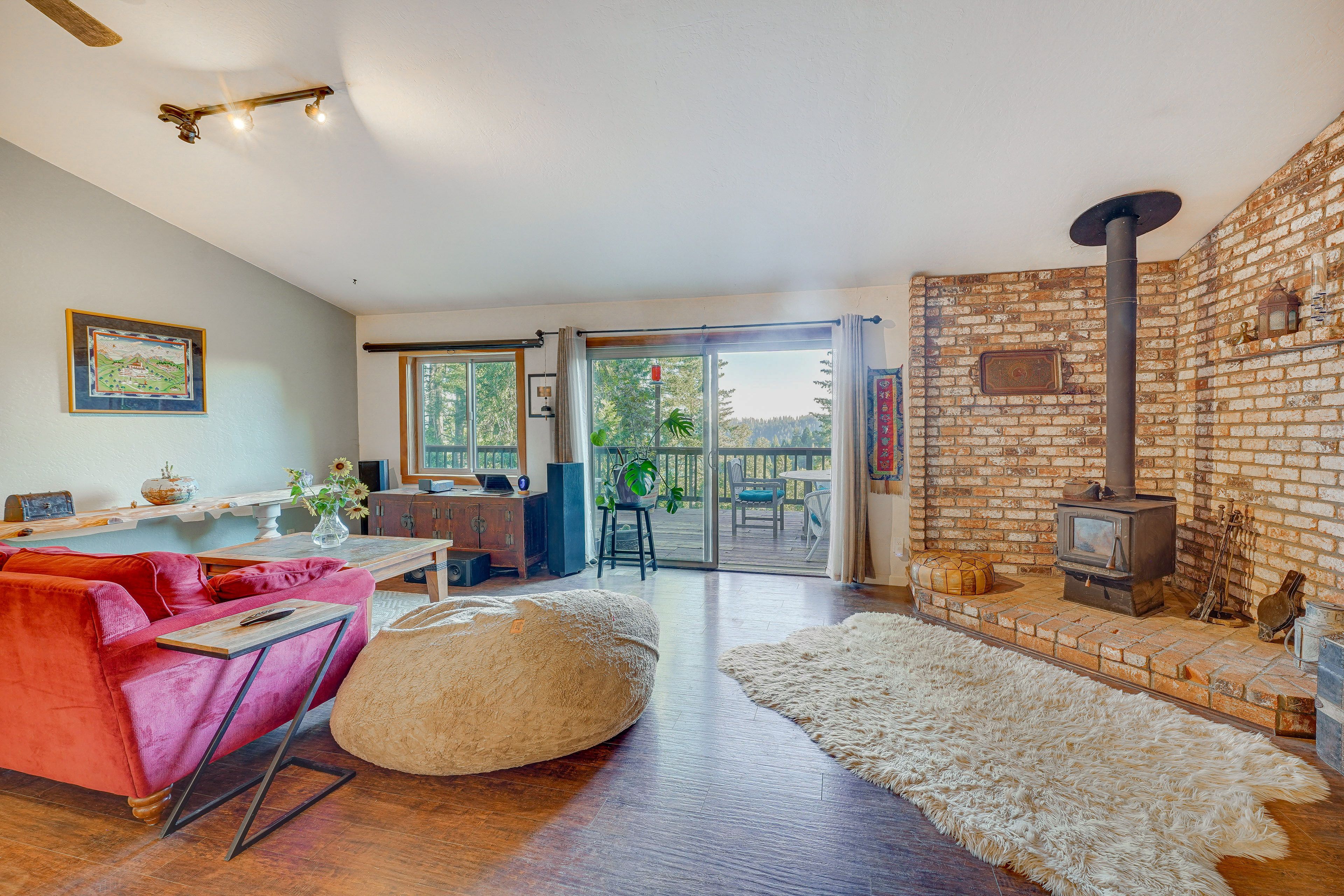 Living Room | Bean Bag Bed (Converts to Queen Bed) | Wood-Burning Stove