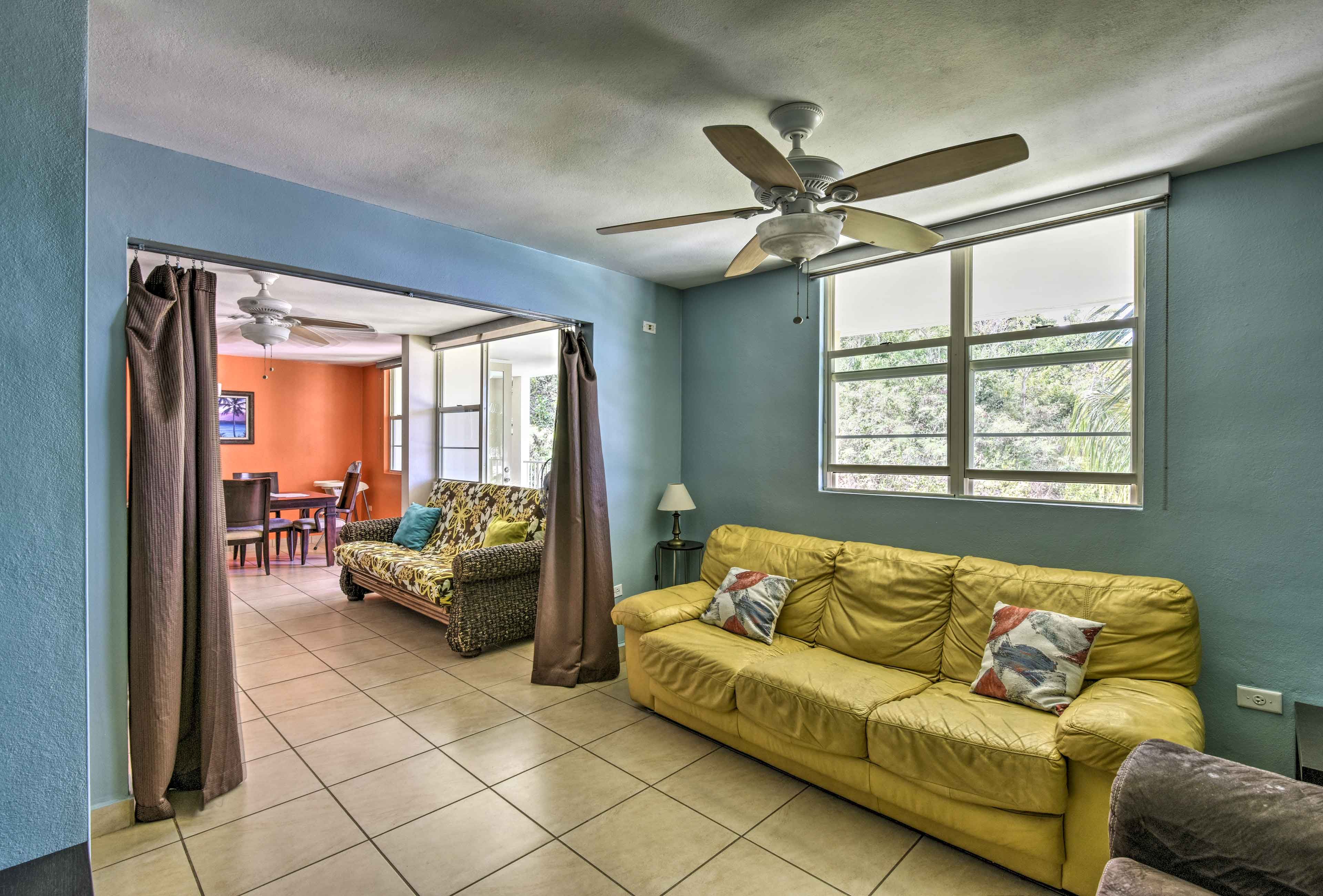Pull back the curtains to open the living space, or draw them shut for privacy.