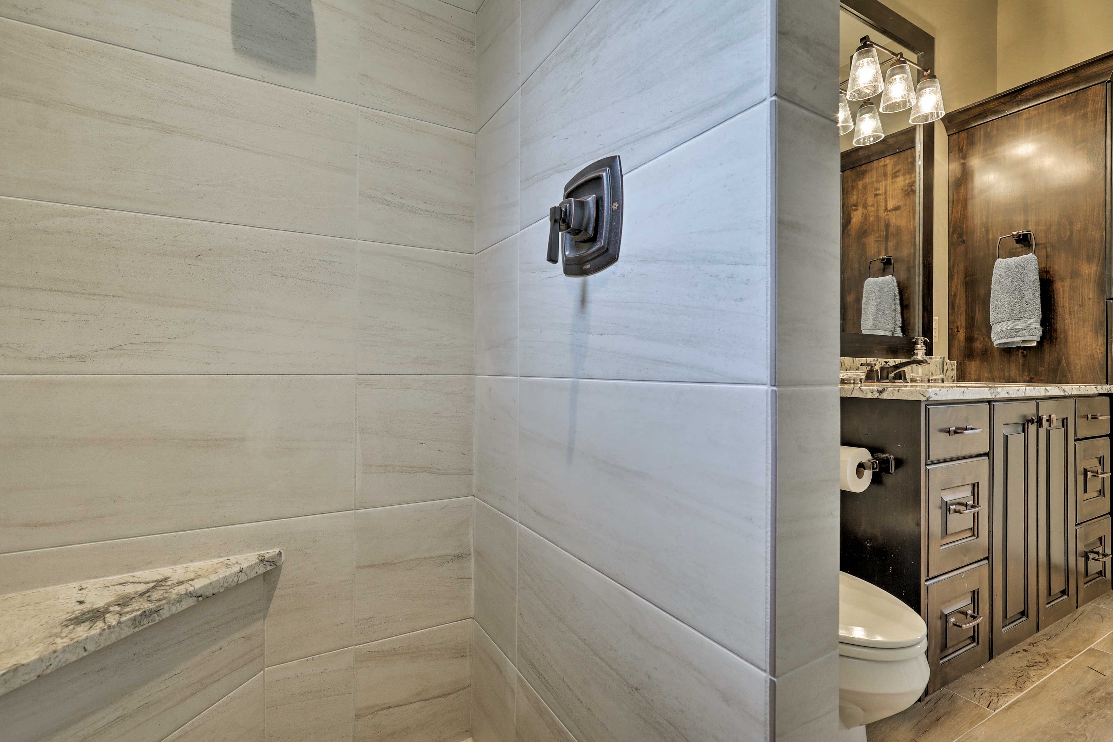Rinse off in the walk-in shower.