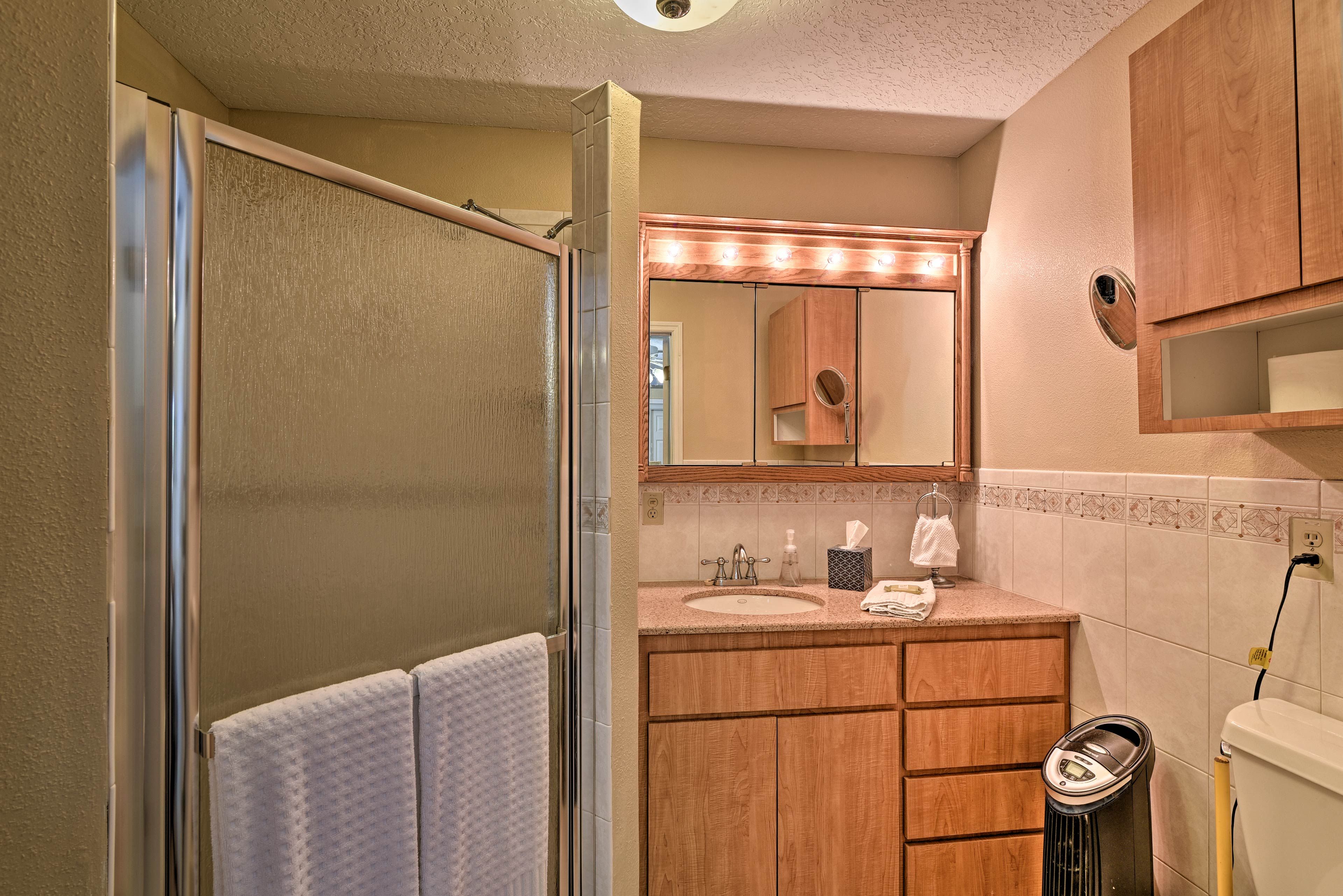 Rinse off in the walk-in shower.