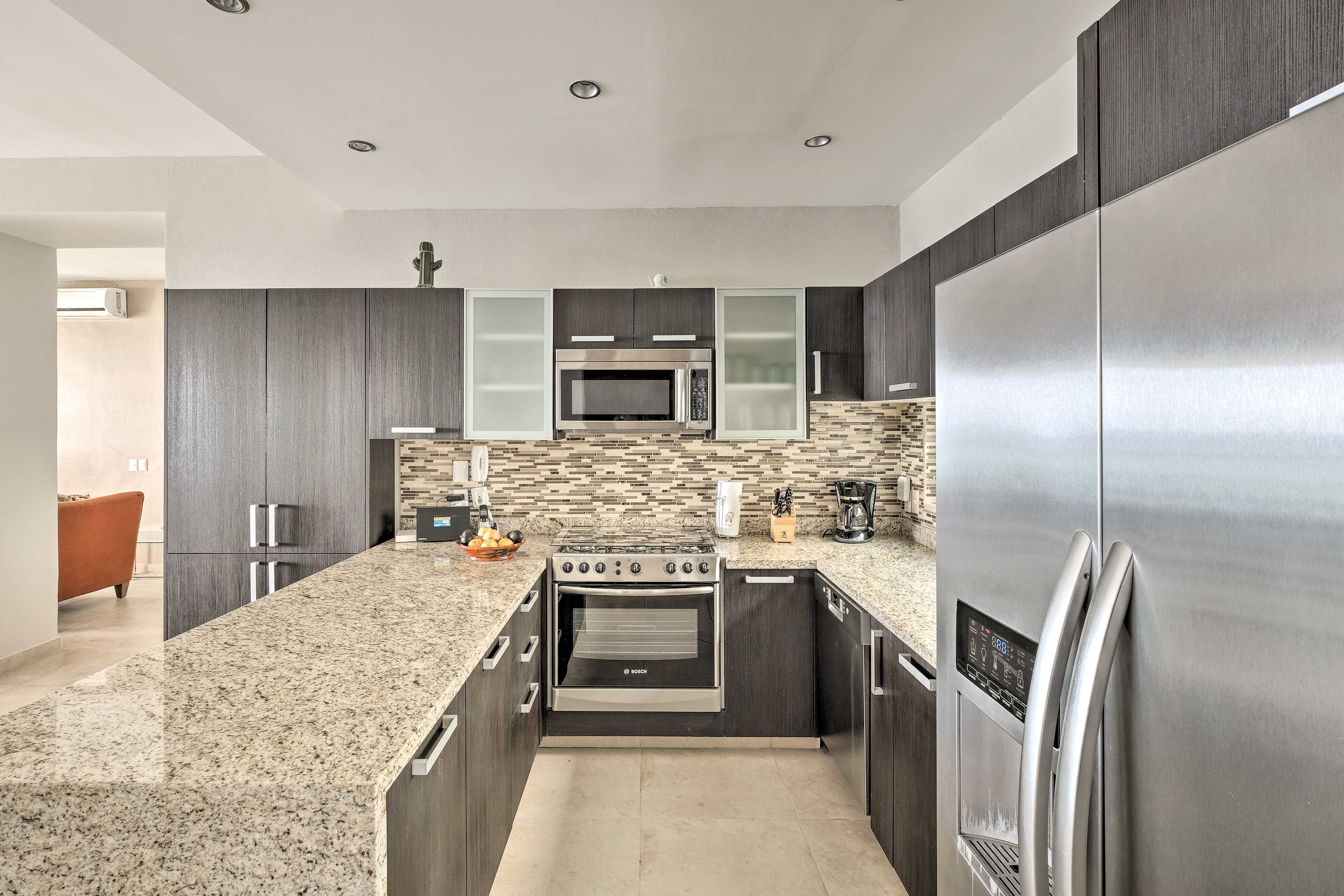 Make good use of the stainless steel appliances in the full kitchen.