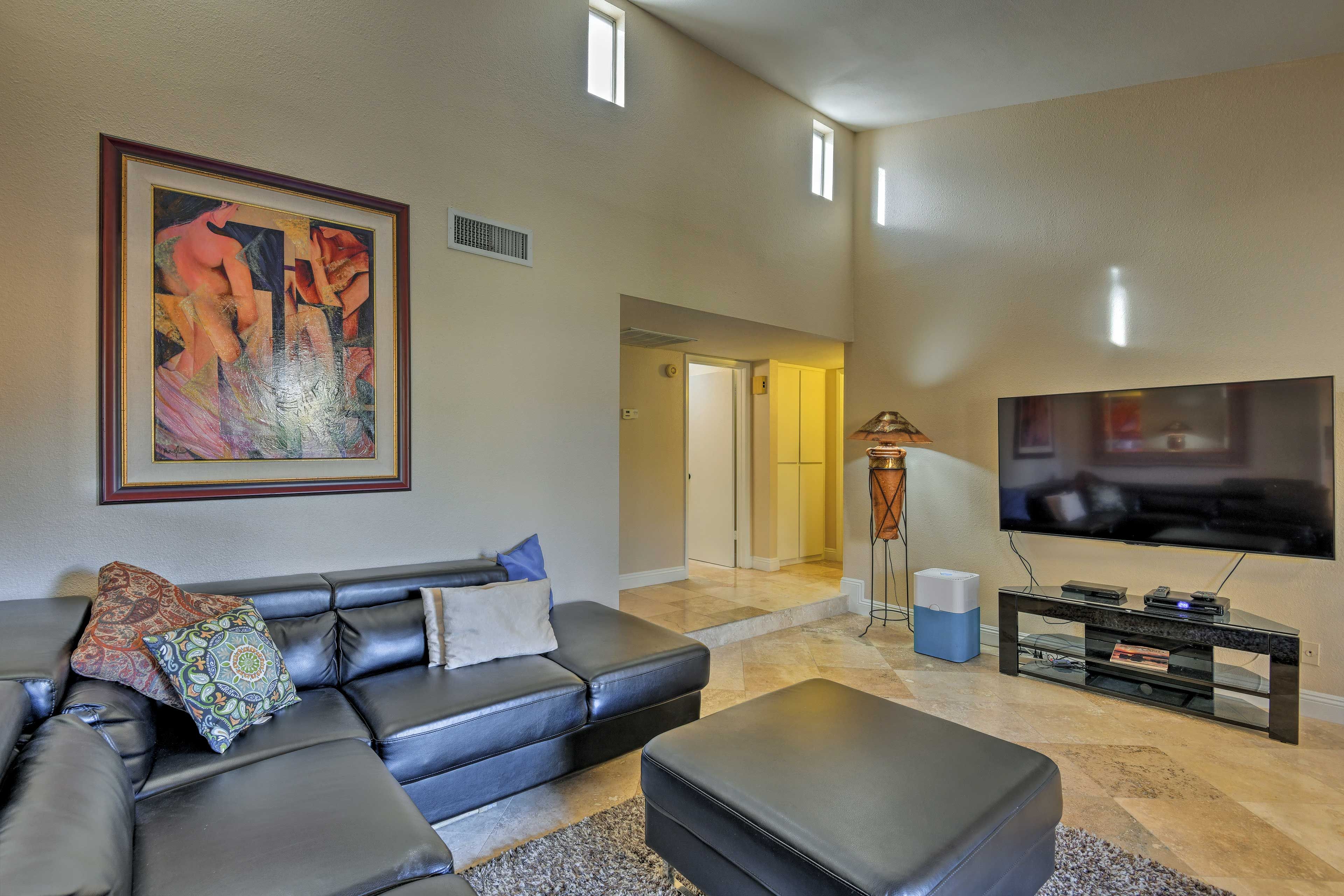 Lounge on the living room's L-shaped sectional.