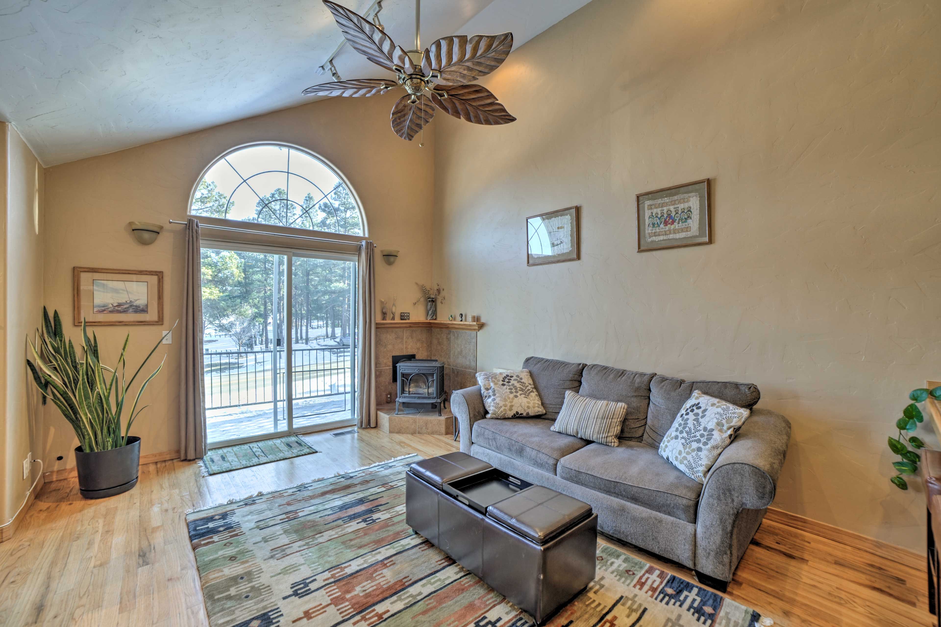 Natural light streams through sliding glass doors.
