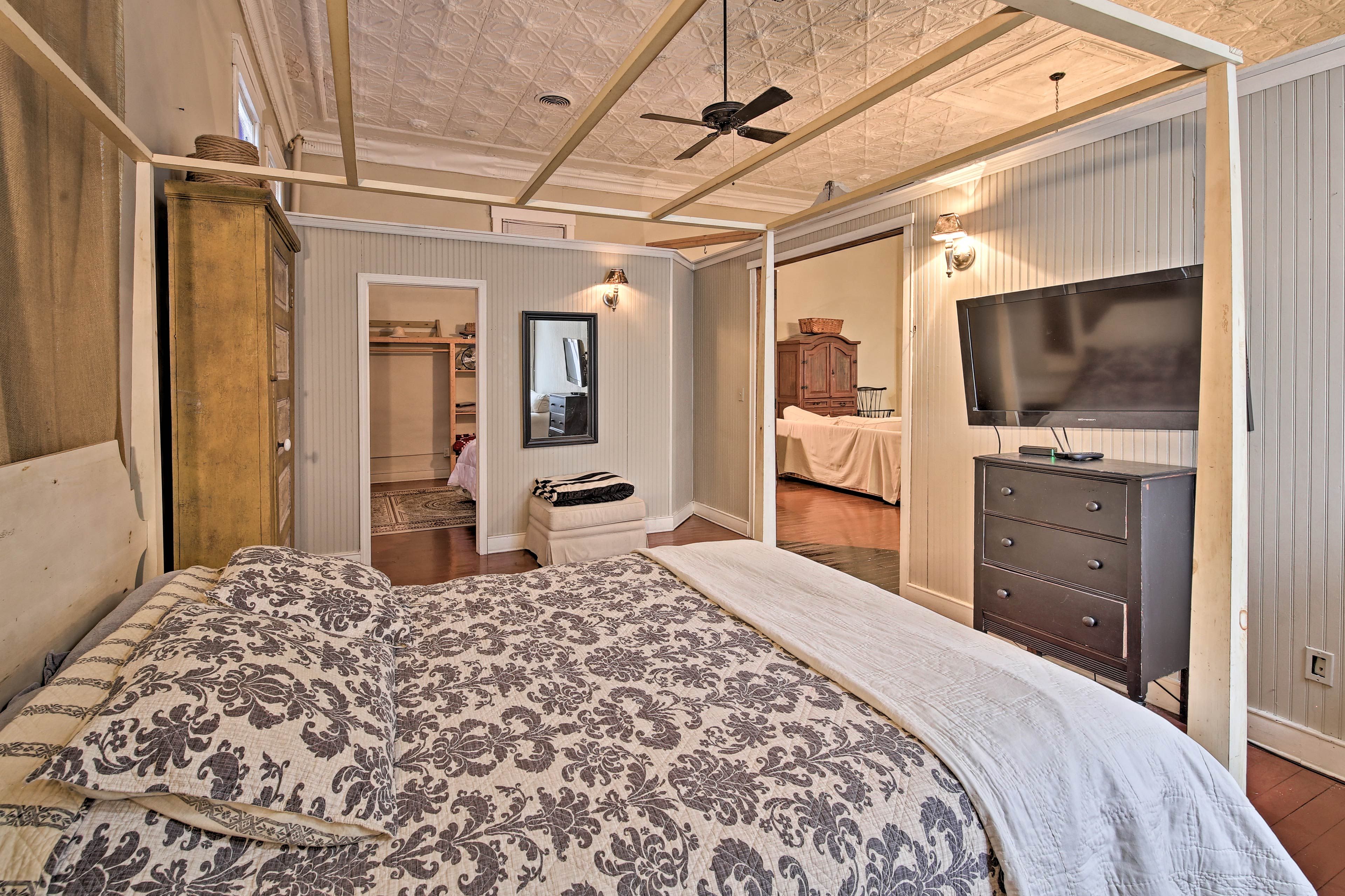 Drift off to late-night favorites on the flat-screen cable TV.