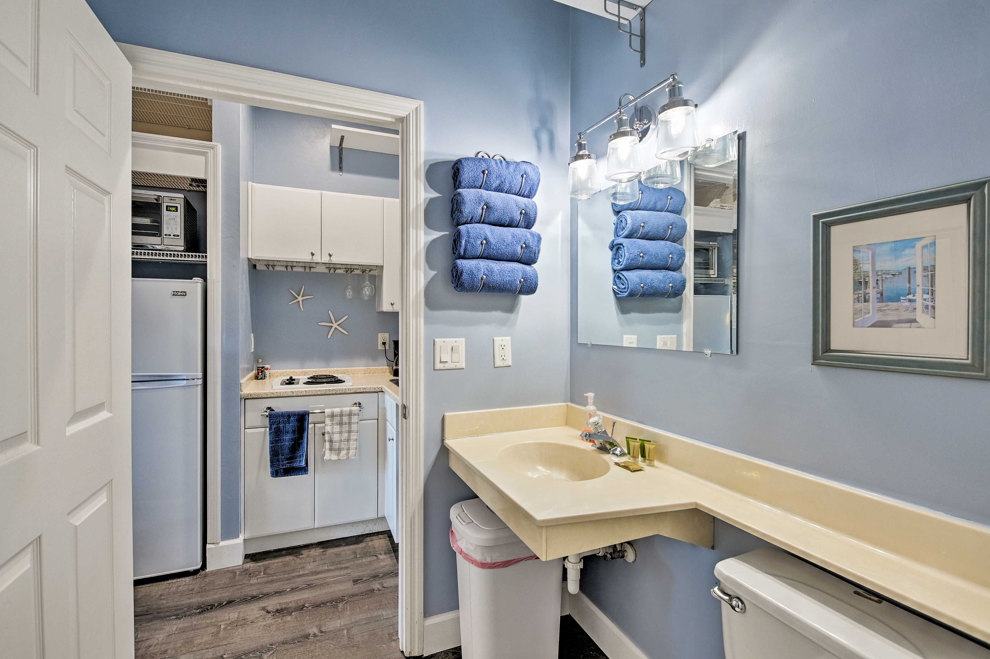 The elegant bathroom is a full.