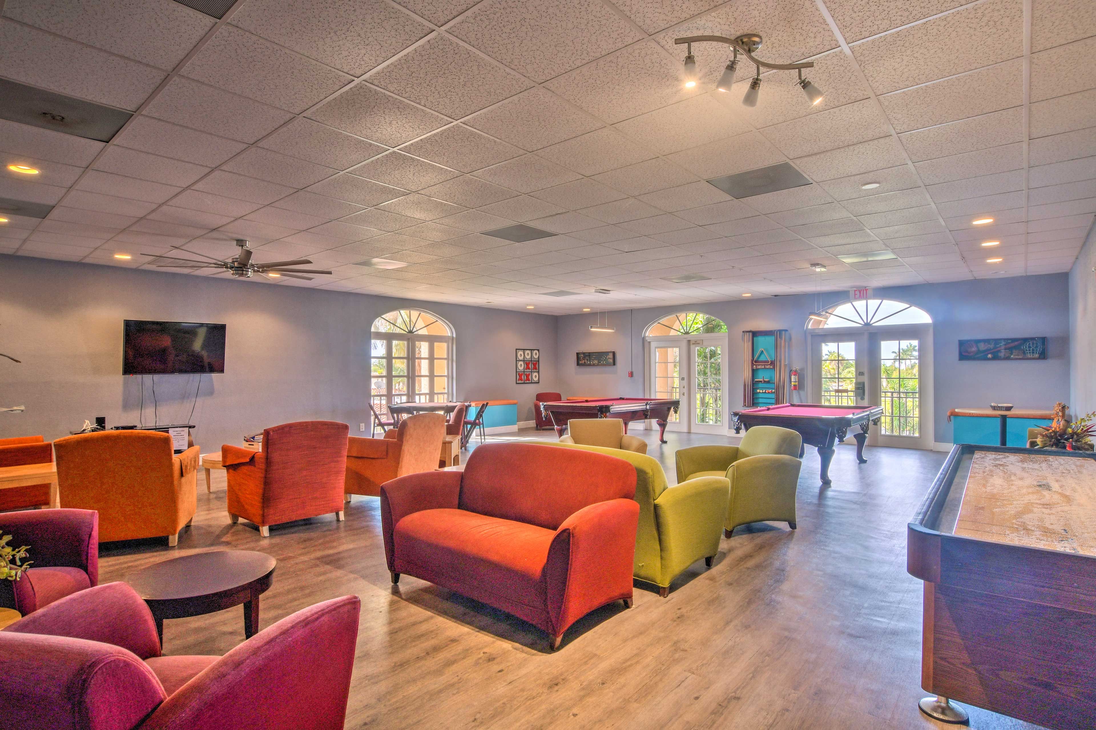 Billiard and shuffleboard tables are also available.