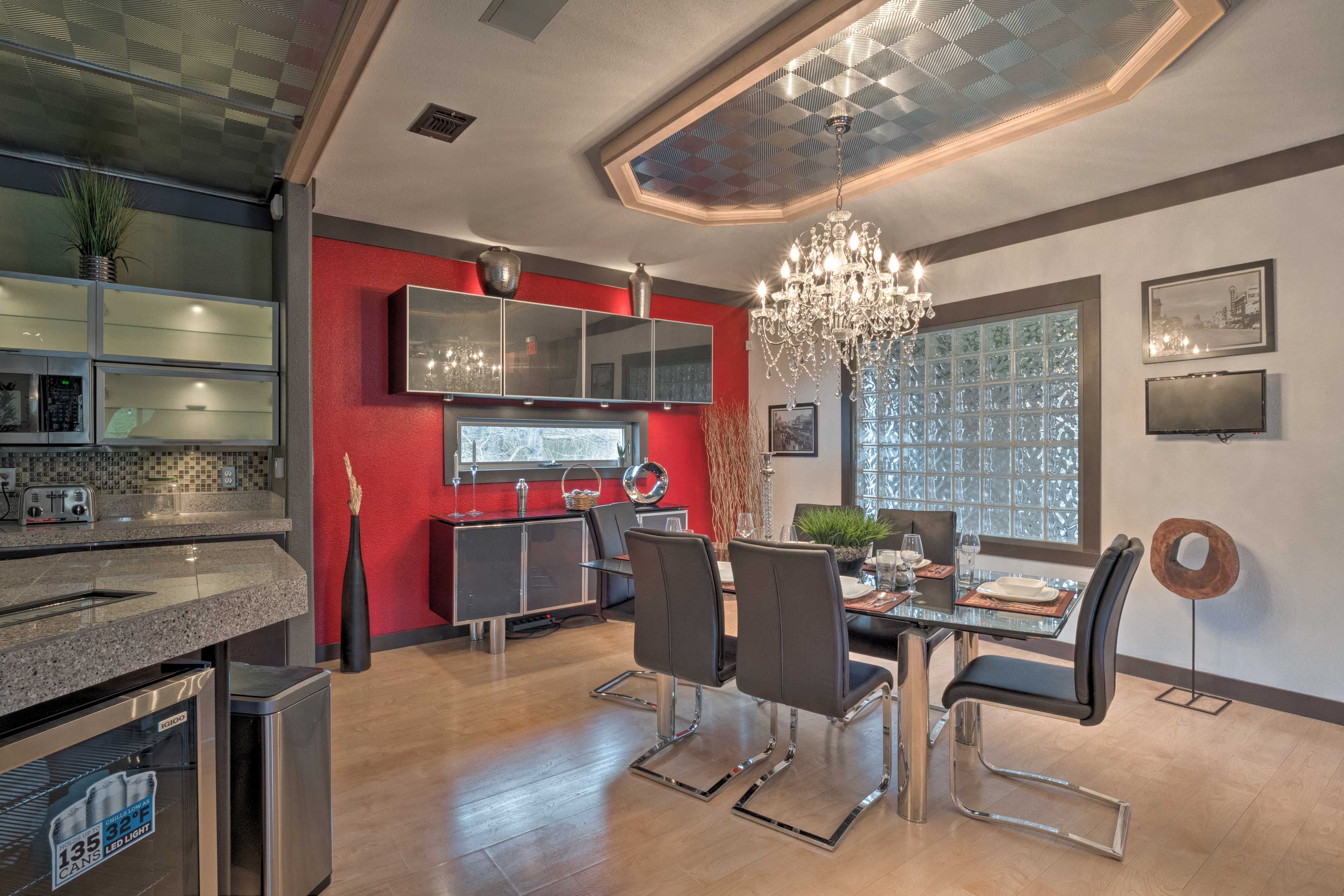 The dining table can seat up to 6 comfortably.