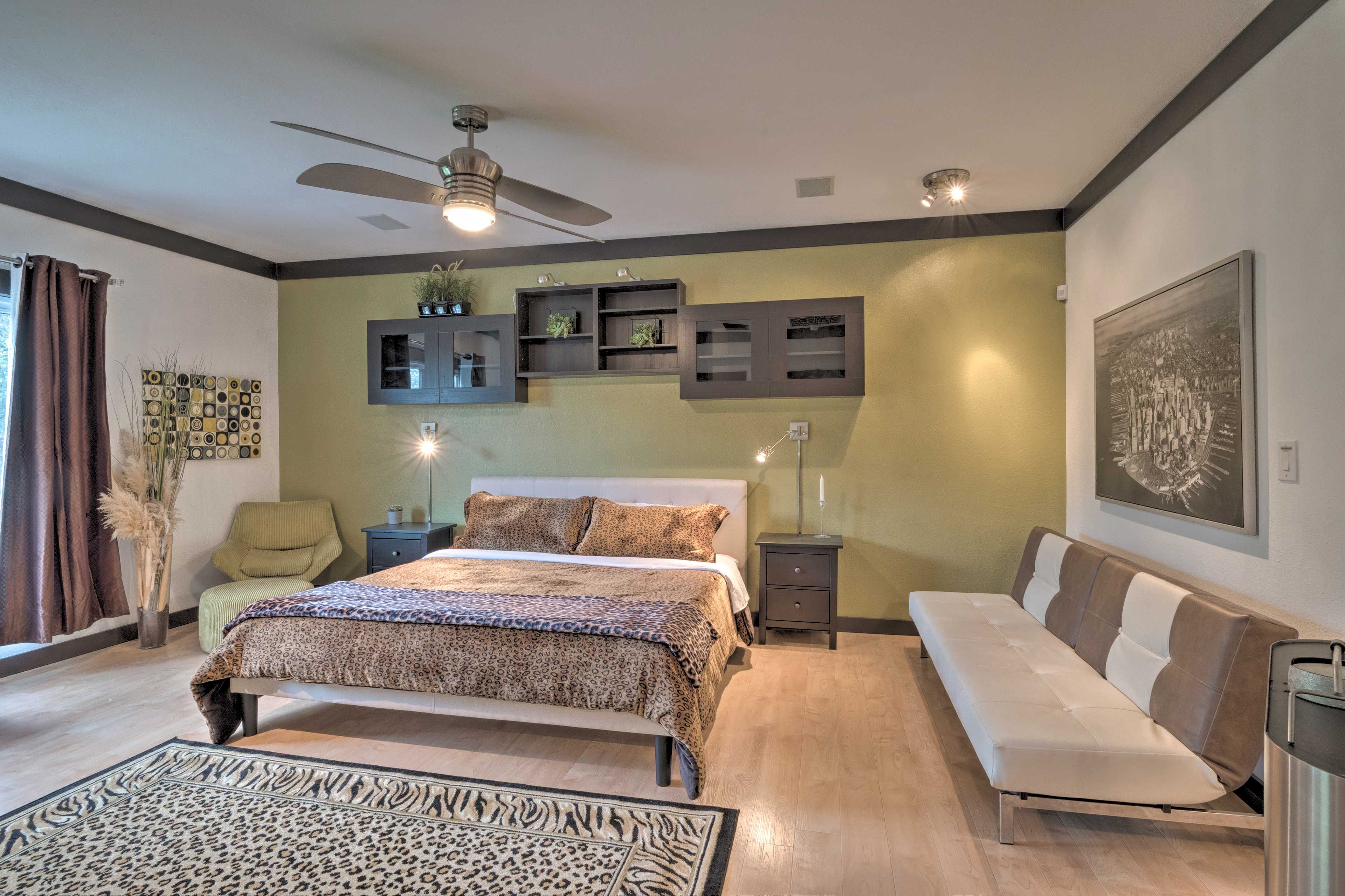 Spread out on the suite's king bed.