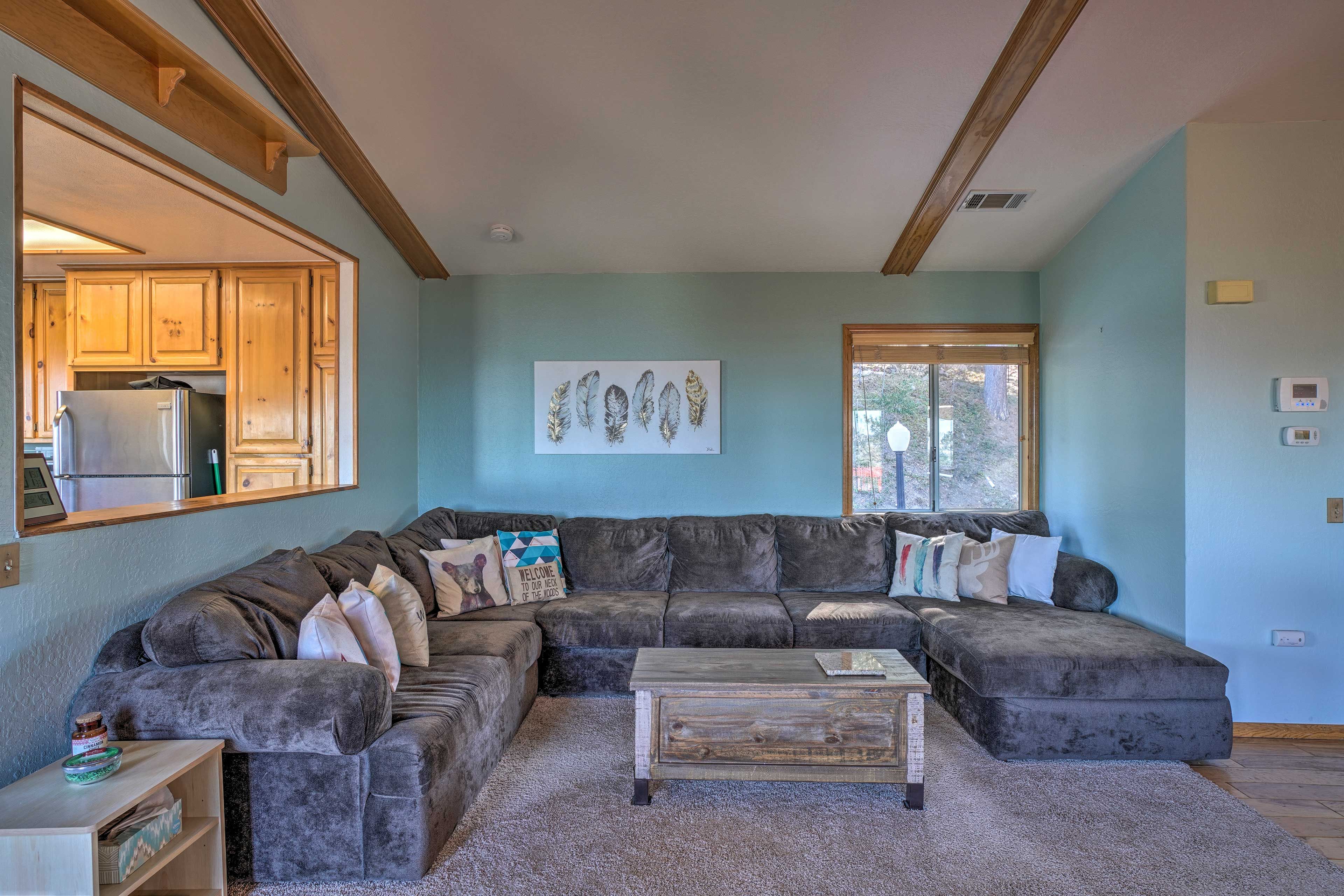 Find a spot on the large sectional sofa for some board games or a movie.
