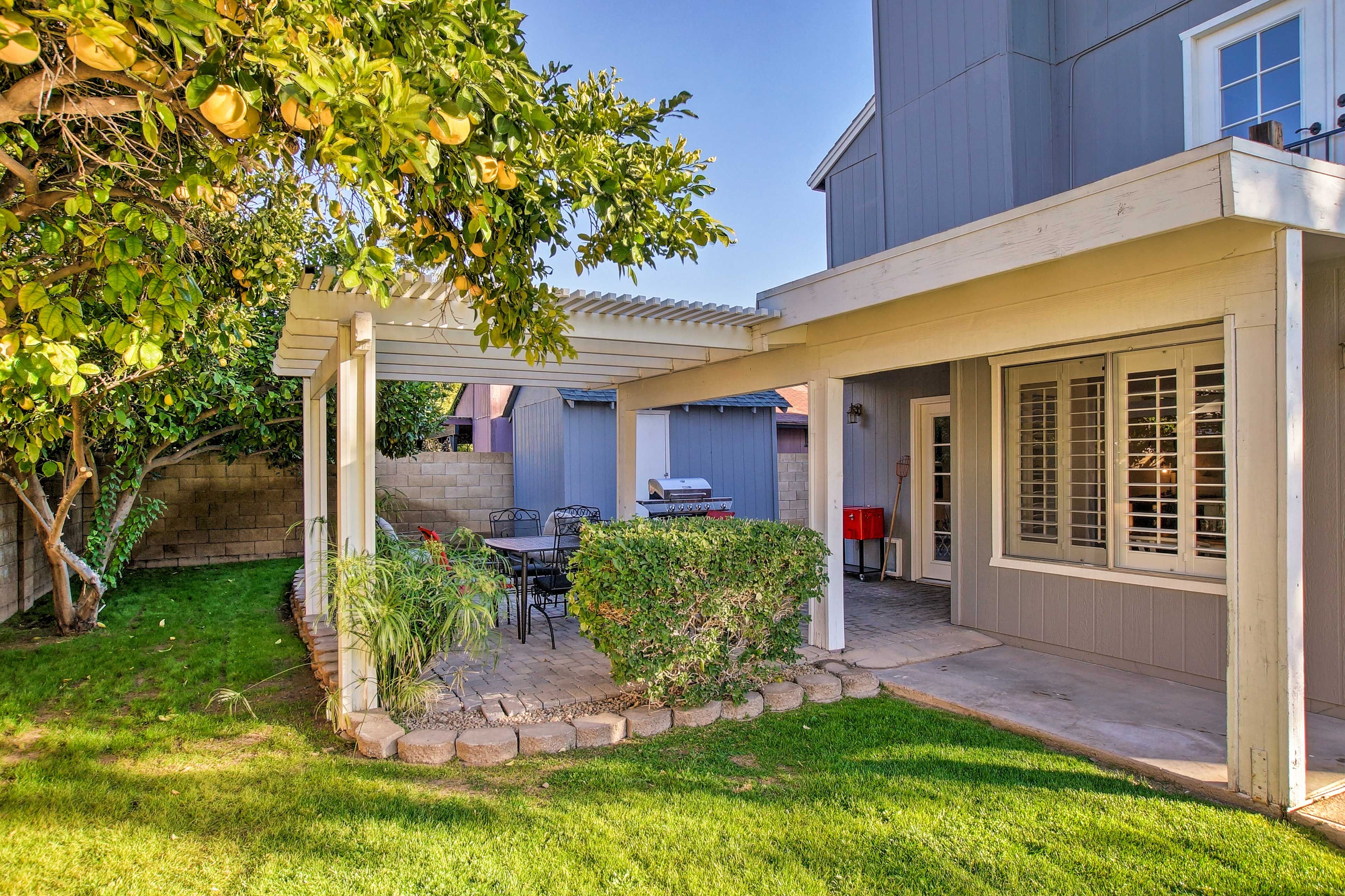 The low-hanging citrus tree is a lovely touch to the private backyard.