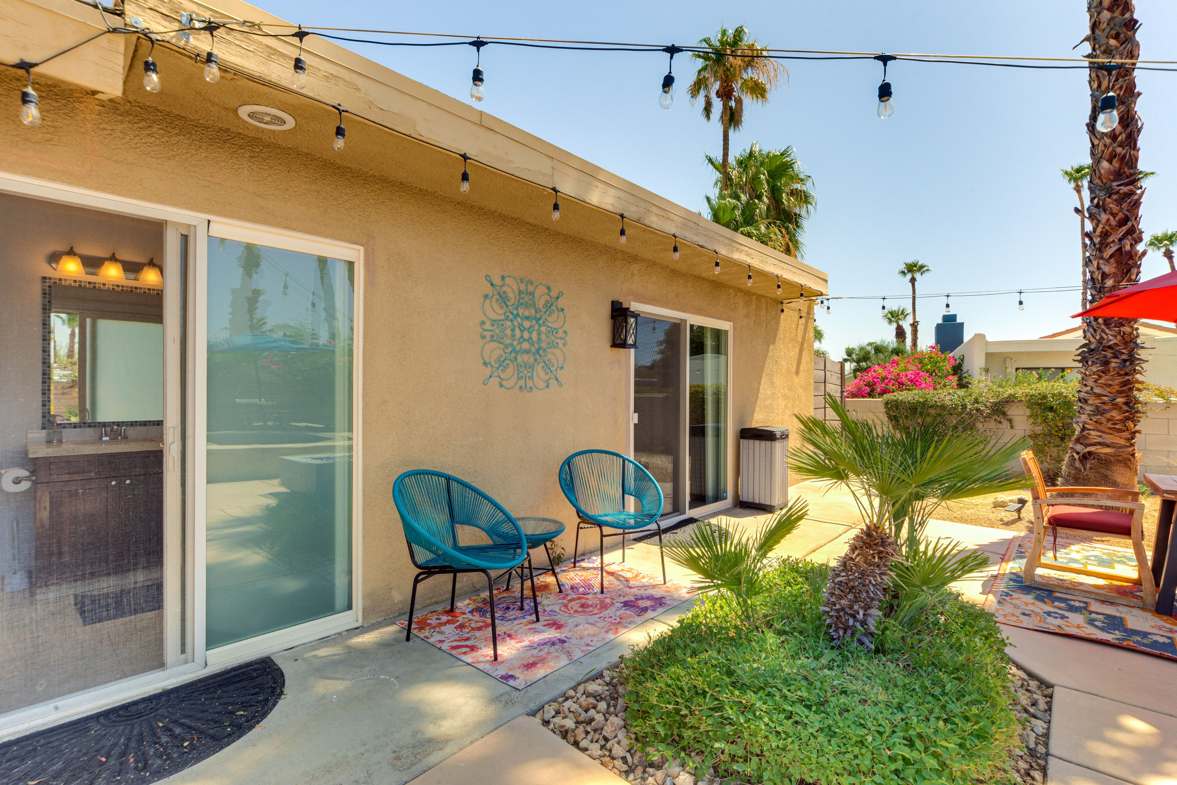 Patio | Outdoor Dining & Lounge Areas | Gas Fire Pit | Shaded Cabana